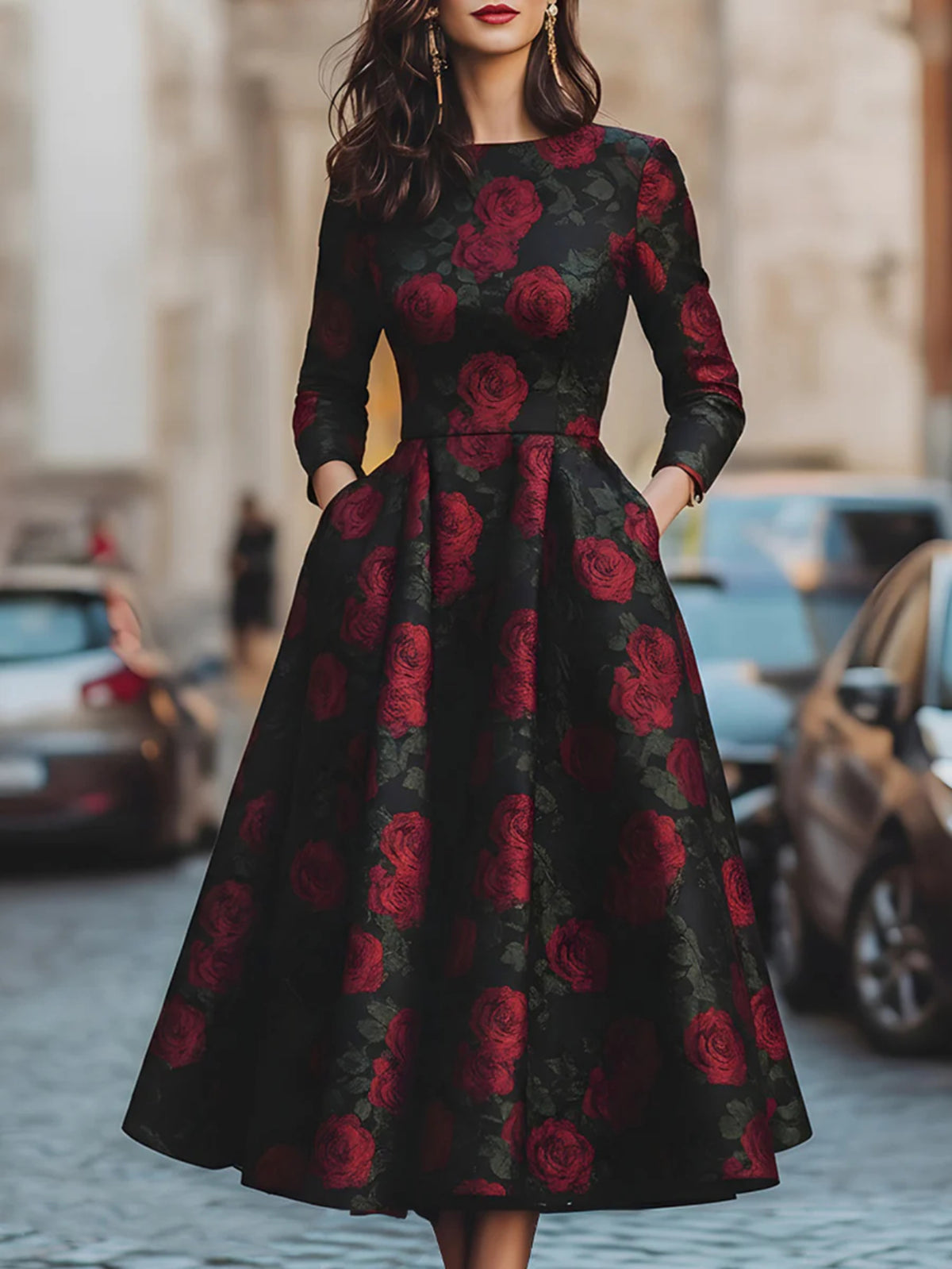 Women's Red Rose Jacquard Fit and Flare Evening Gown Elegant Formal Wedding Banquet Dress Black M-XL