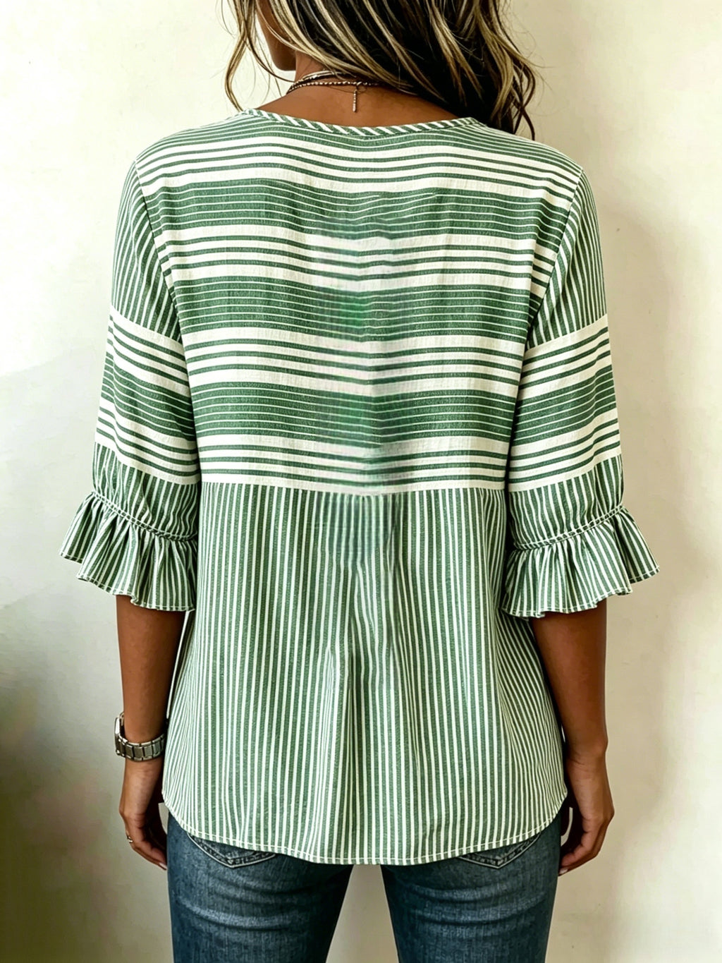 Striped V-Neck Blouse Women Ruffle 3/4 Sleeve Loose Fit Tunic Top Lightweight Linen Button Detail Summer Shirt S-2XL