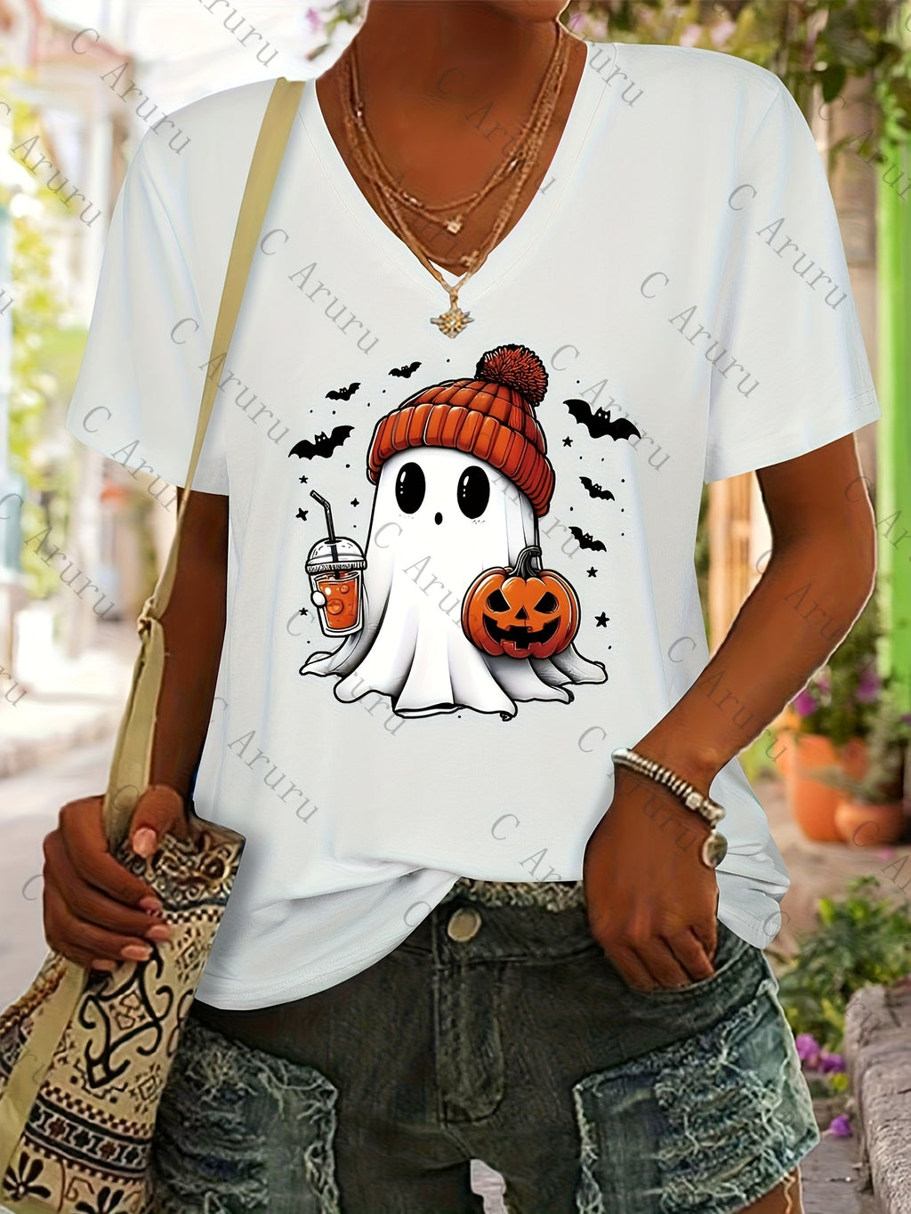 Ghost Print V-Neck T-Shirt Women Casual Short Sleeve Graphic Tee Fun Holiday Gift Spring Summer Top S-XXL