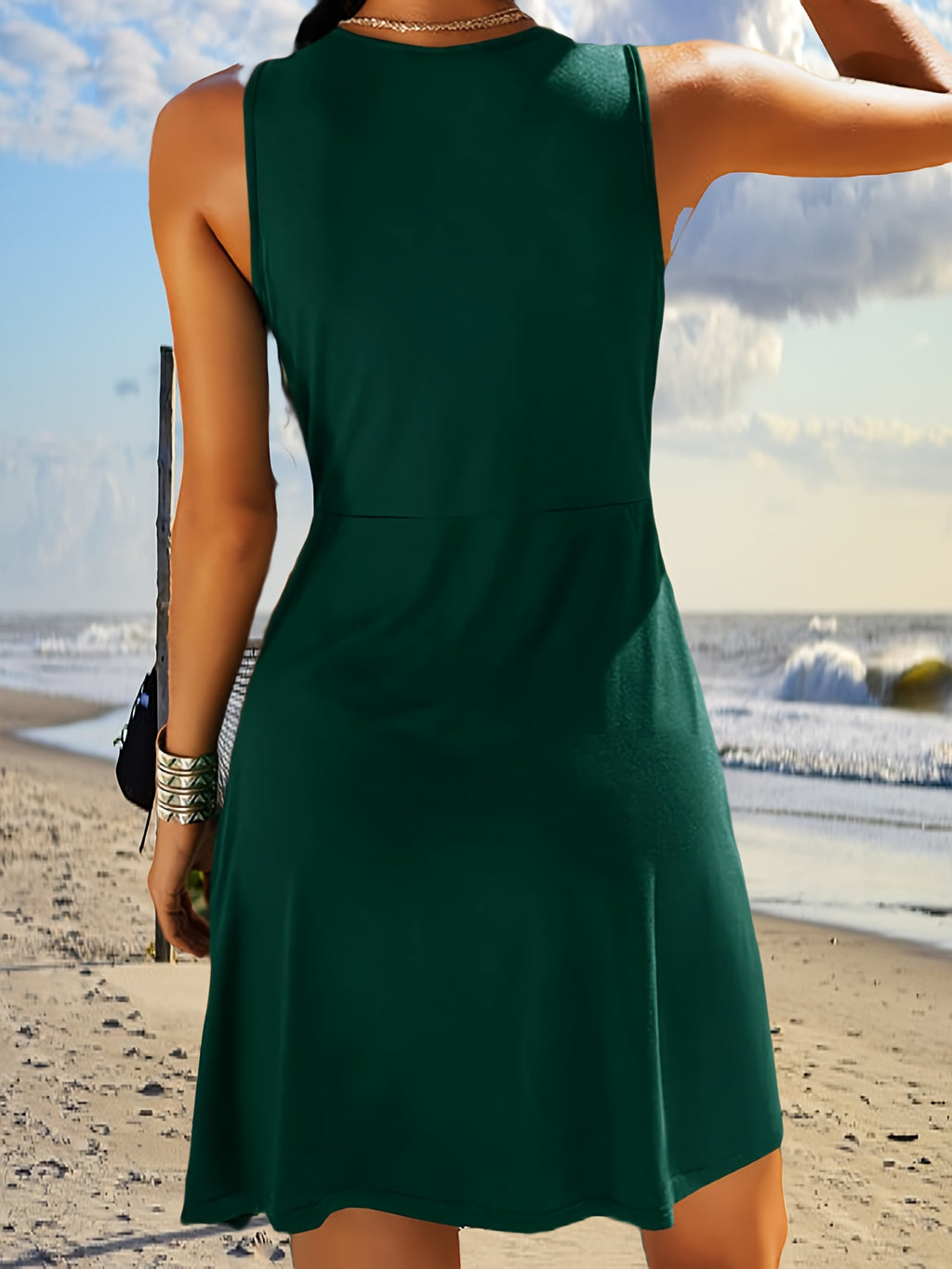 Solid Color V-Neck Knot Tank Dress Women Sleeveless A-Line Knee Length Knit Casual Summer Dress 12 Colors S-XXL