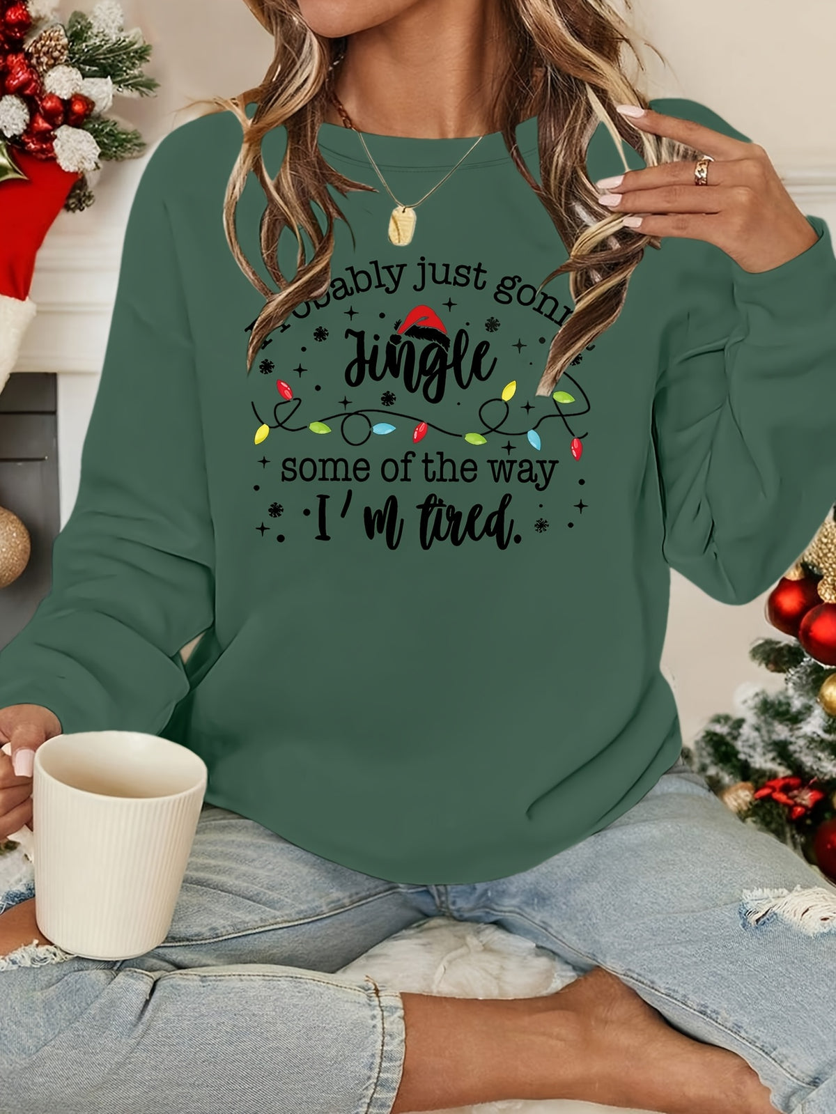 Funny Christmas Sweatshirt Jingle Tired Xmas Graphic Pullover Women Casual Holiday Sweater Light Grey Green