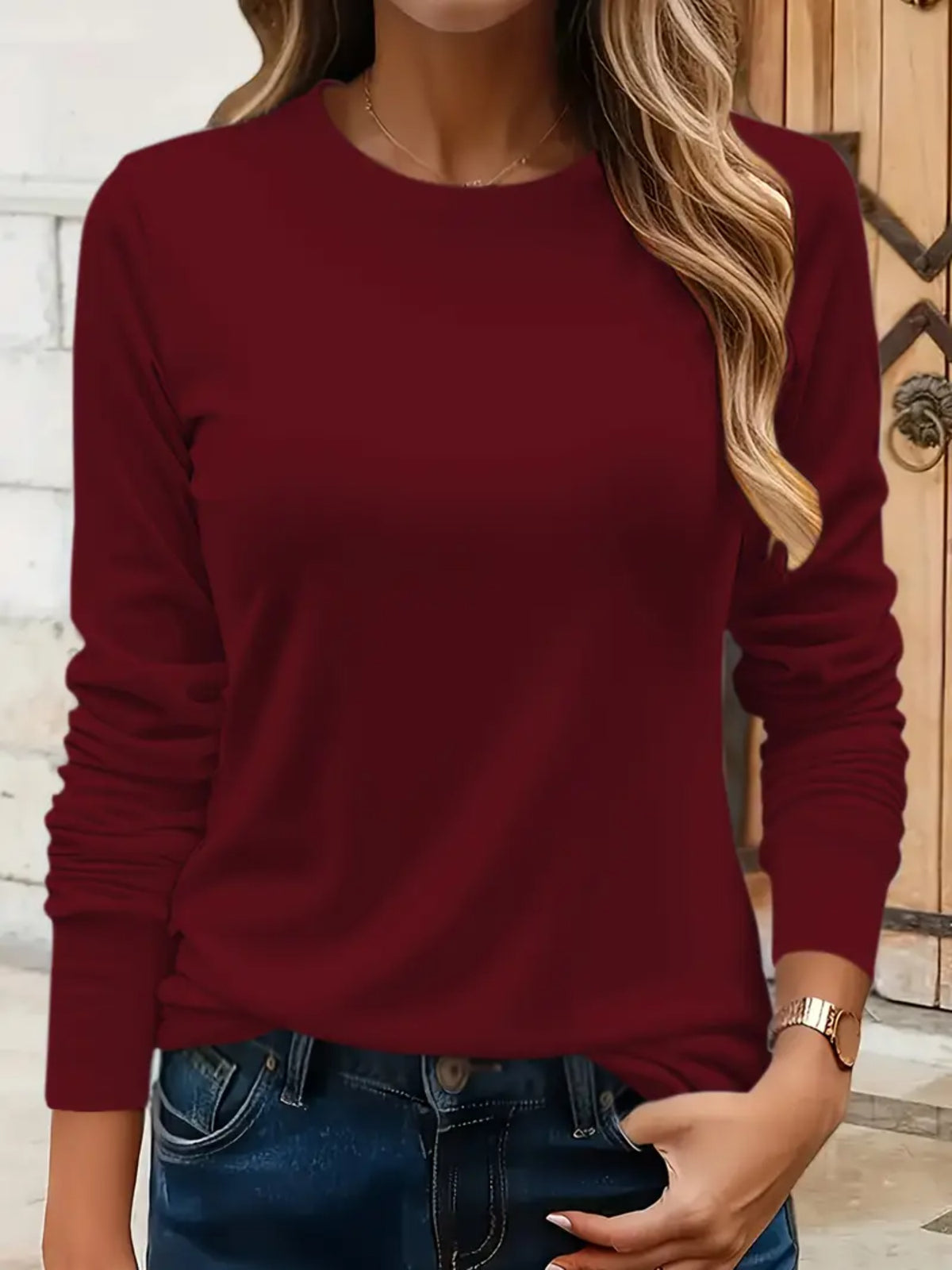 Women's Solid Color Long Sleeve Base Layer Top Crew Neck Geometric Print Flared Hem Casual Pullover Knit Shirt