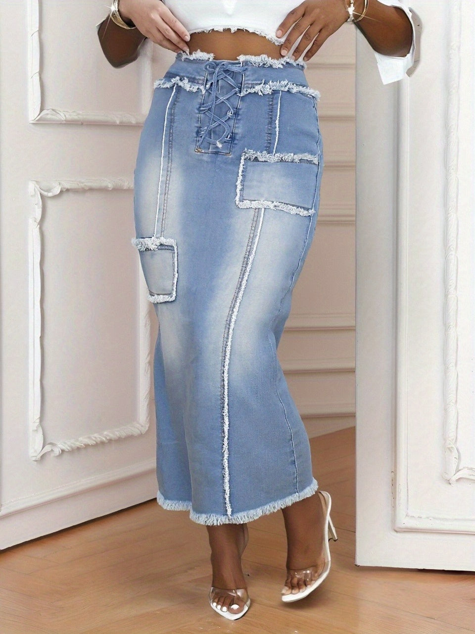 Vintage Distressed Denim Fishtail Midi Skirt Women Frilled Hem Strap Detail Solid Color Casual Western Jean Skirt