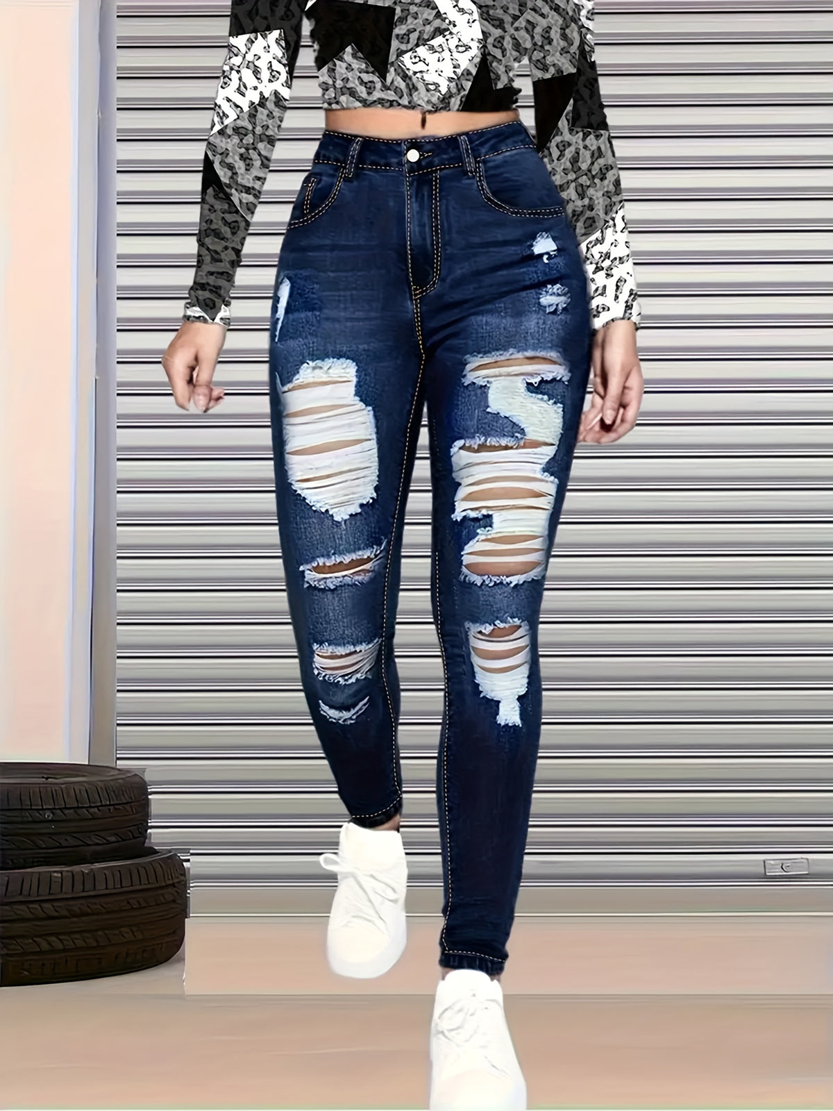 Women's High Stretch Ripped Skinny Jeans Dark Blue Slim Fit Distressed Denim Pants with Pockets Streetwear All-Season