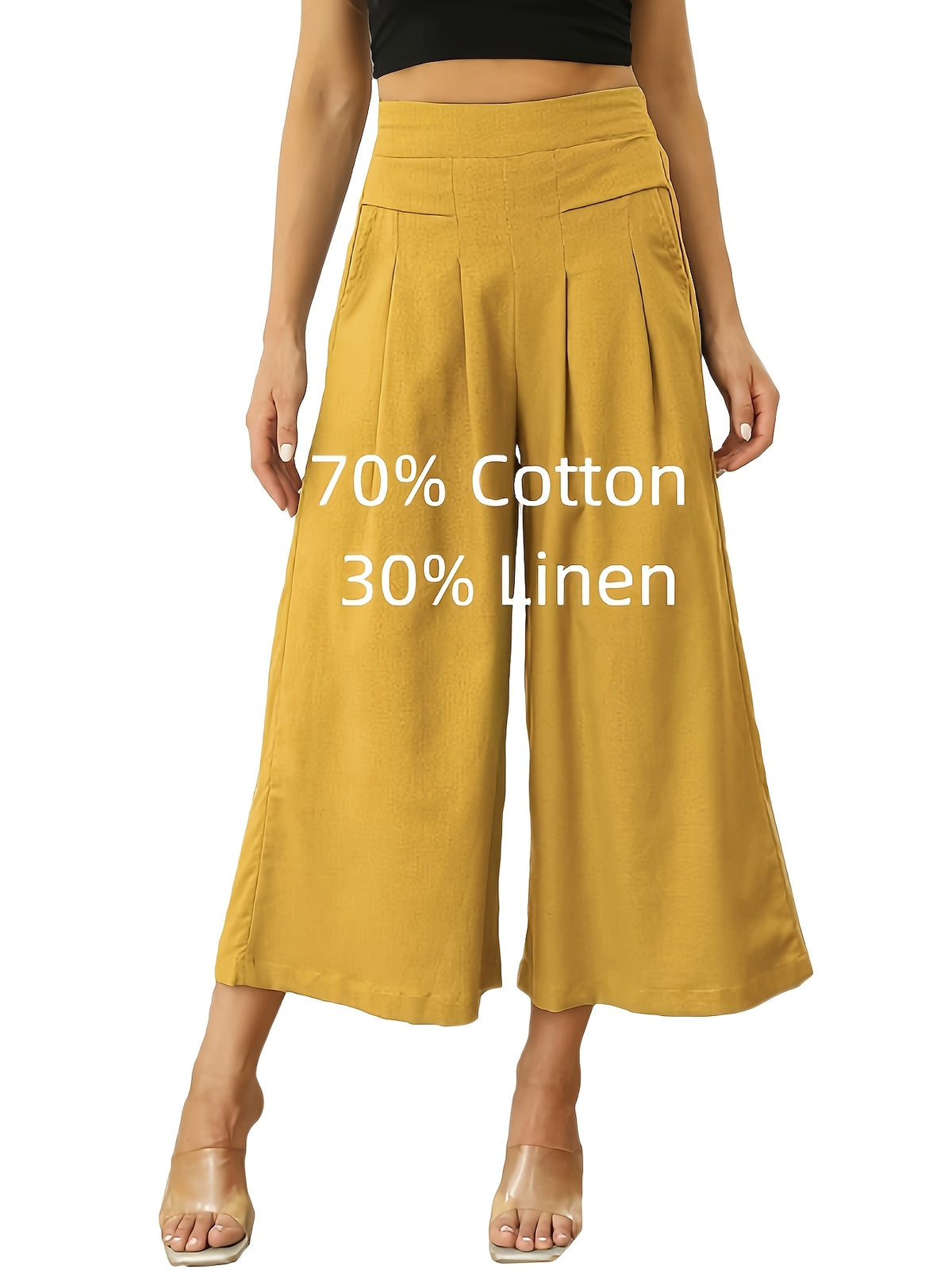 Linen Palazzo Wide Leg Pants for Women – Boho Elastic Waist 7/8 Culotte Capri Trousers with Pocket, Solid Color Casual Outfit Spring Summer Fall Comfortable Breathable Bottoms S-XXL