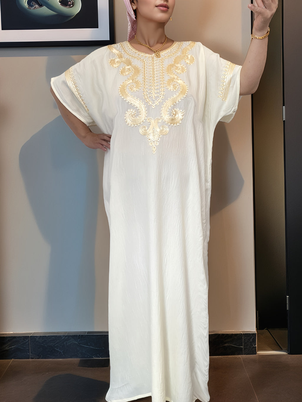 Women's Kaftan Dress Muslim Short Sleeve Round Neck Modest Robe for Hajj Eid Wedding Everyday Wear Year-Round Comfortable Cultural Dress for Women