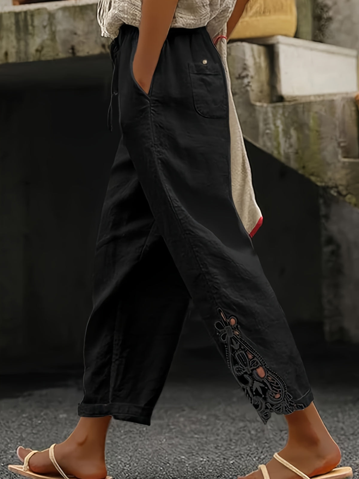 Lace Trim Wide Leg Pants Women High Waist Drawstring Casual Nine-Point Pants White Khaki Black Grey S-XXL