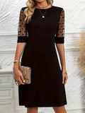 Lace Trim Slim Fit Dress Women Round Neck Half Sleeve Solid Color Elegant Contrast Lace Bodycon Spring Summer Fall Dress