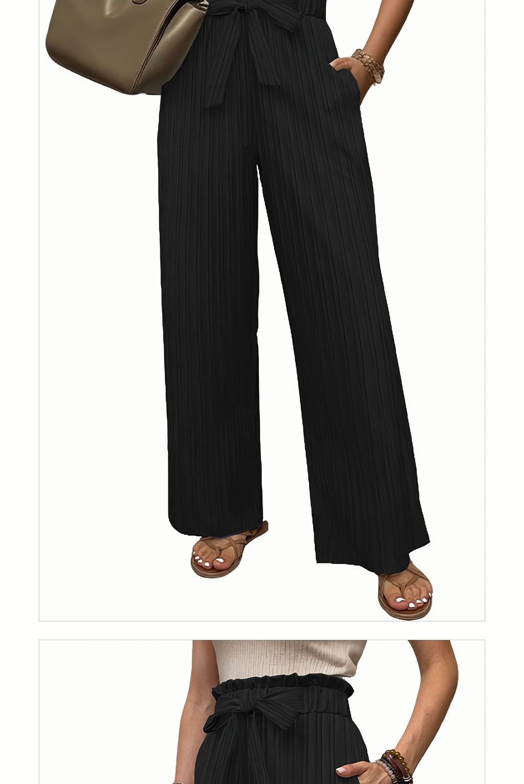 Pleated Wide Leg Pants Women 3 Pack Bow Elastic Waist Loose Straight Leg Long Trousers Spring Summer Daily Commute Casual Versatile S-XXL