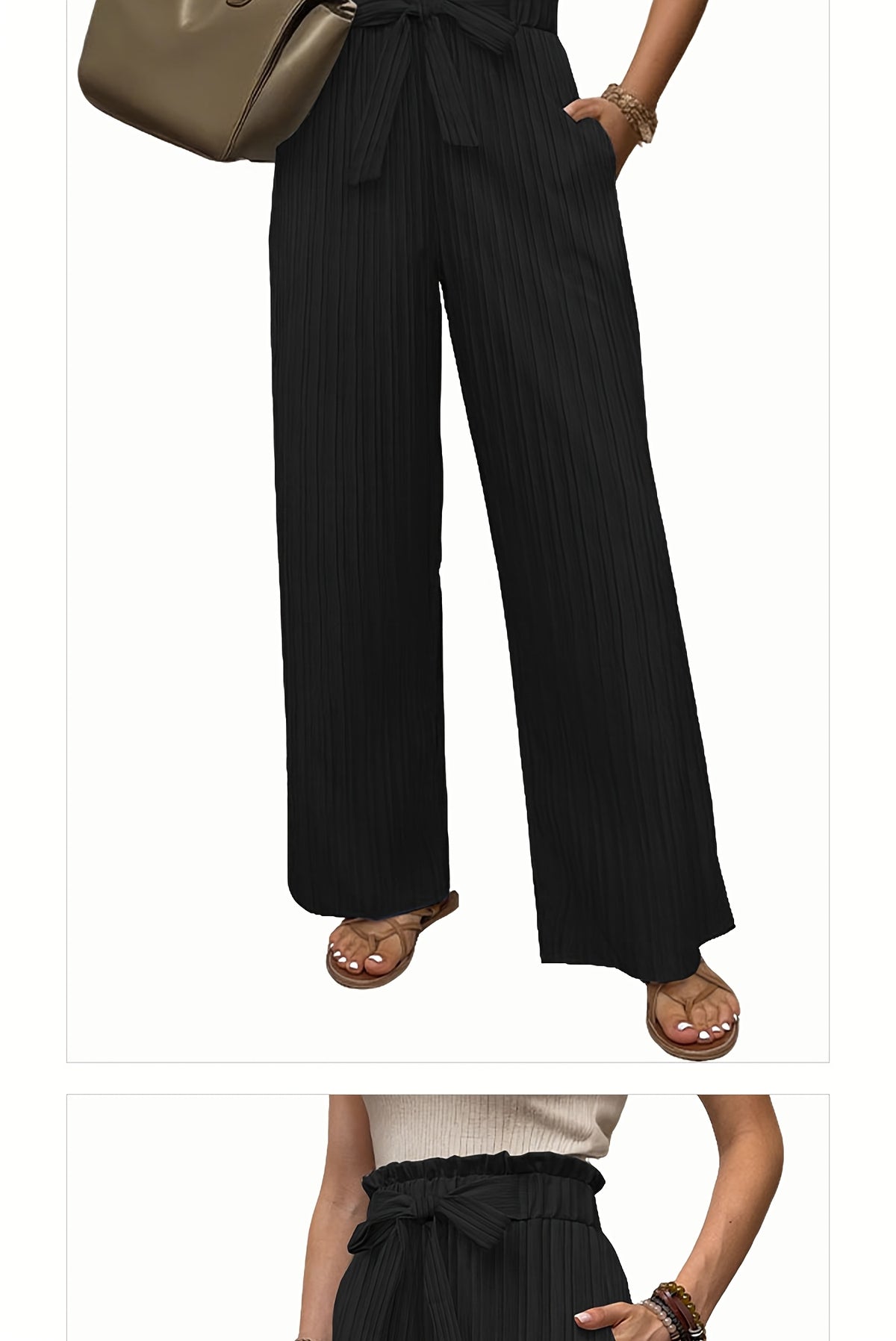 Pleated Wide Leg Pants Women 3 Pack Bow Elastic Waist Loose Straight Leg Long Trousers Spring Summer Daily Commute Casual Versatile S-XXL