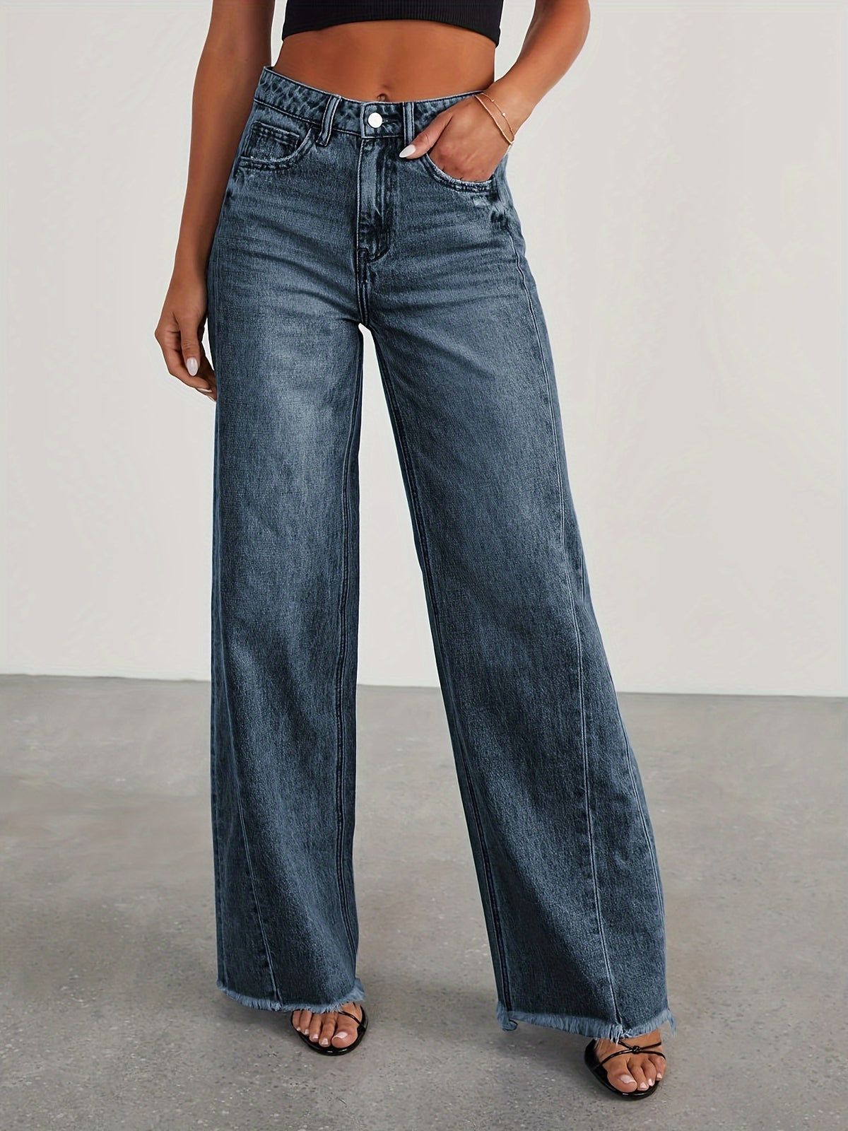 High-Waisted Wide Leg Jeans for Women - Casual Baggy Stretch Denim Pants with Pockets, Relaxed Fit Solid Color Trousers for Everyday & Weekend Wear