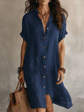 Solid Color Shirt Dress Women Short Sleeve Buttoned Lapel Collar Midi Length Casual Semi-Formal Versatile Dress for Women