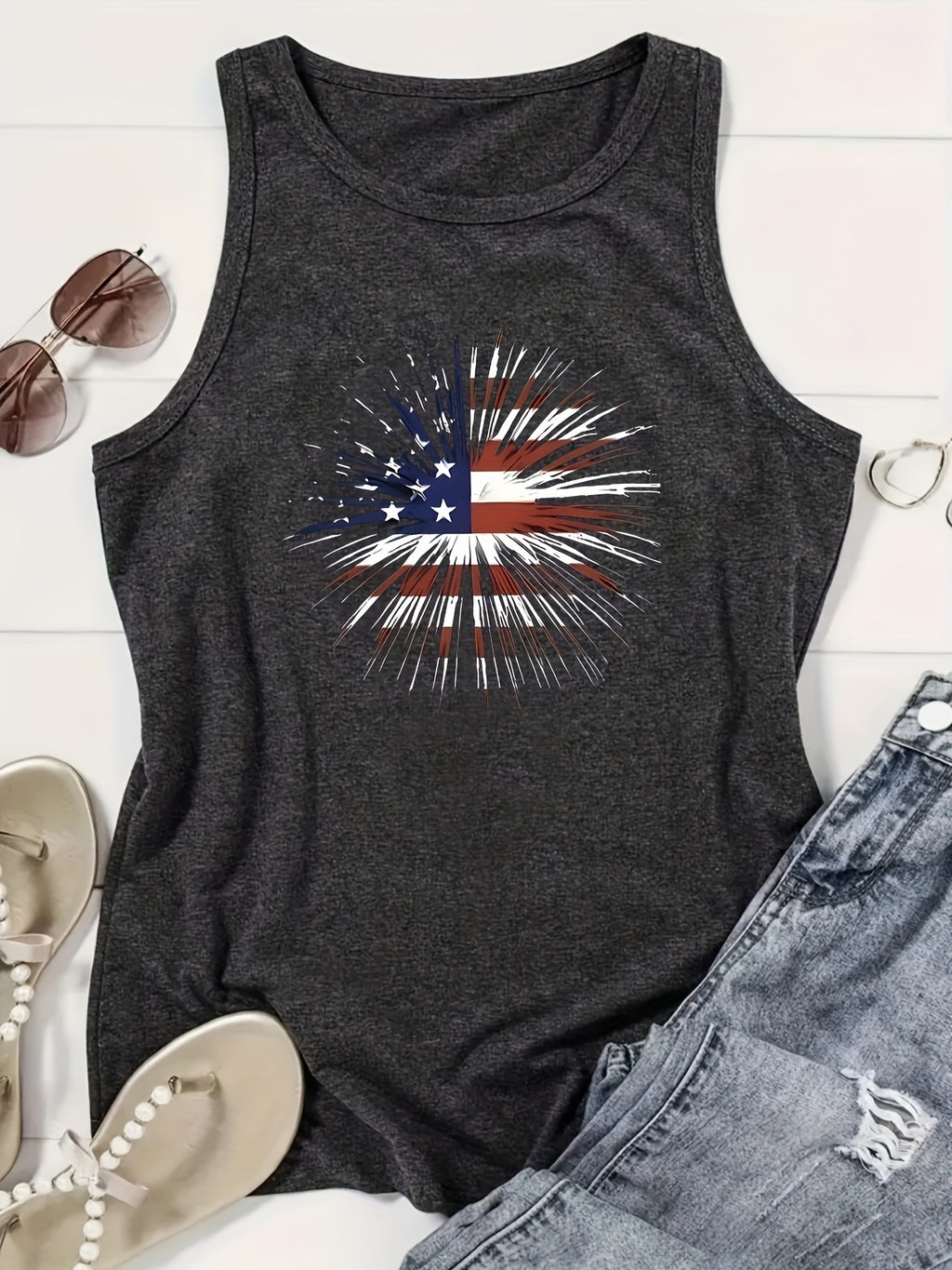 Print Vest Top Women Crew Neck Casual Everyday Sleeveless Tank Shirt Lightweight Summer Streetwear
