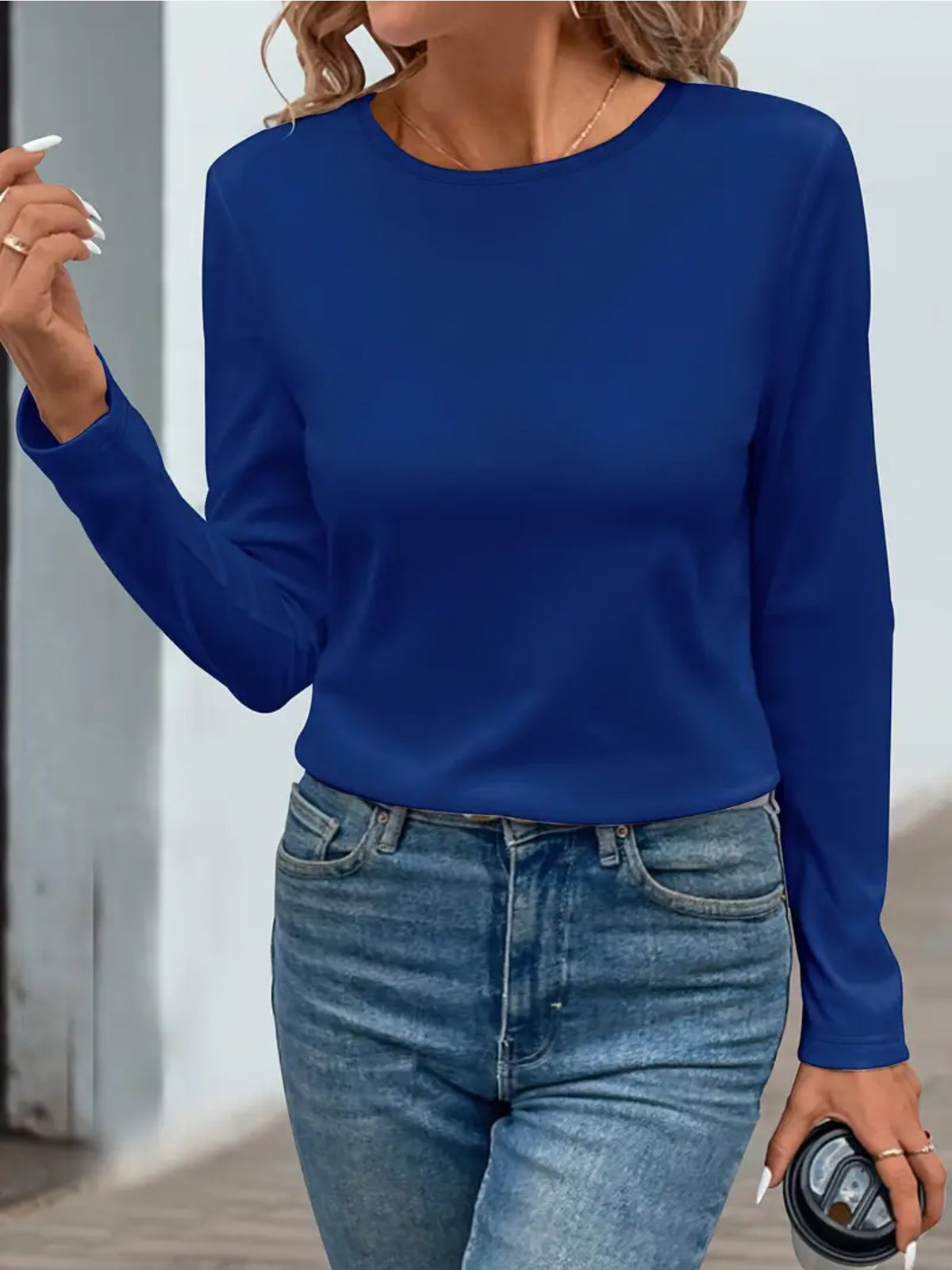 Women's Solid Color Long Sleeve Base Layer Top Crew Neck Geometric Print Flared Hem Casual Pullover Knit Shirt