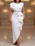 Mermaid Fishtail Dress Women Ruffled Waist Sleeveless Slit Formal Evening Wedding Prom Elegant Solid Color Round Neck