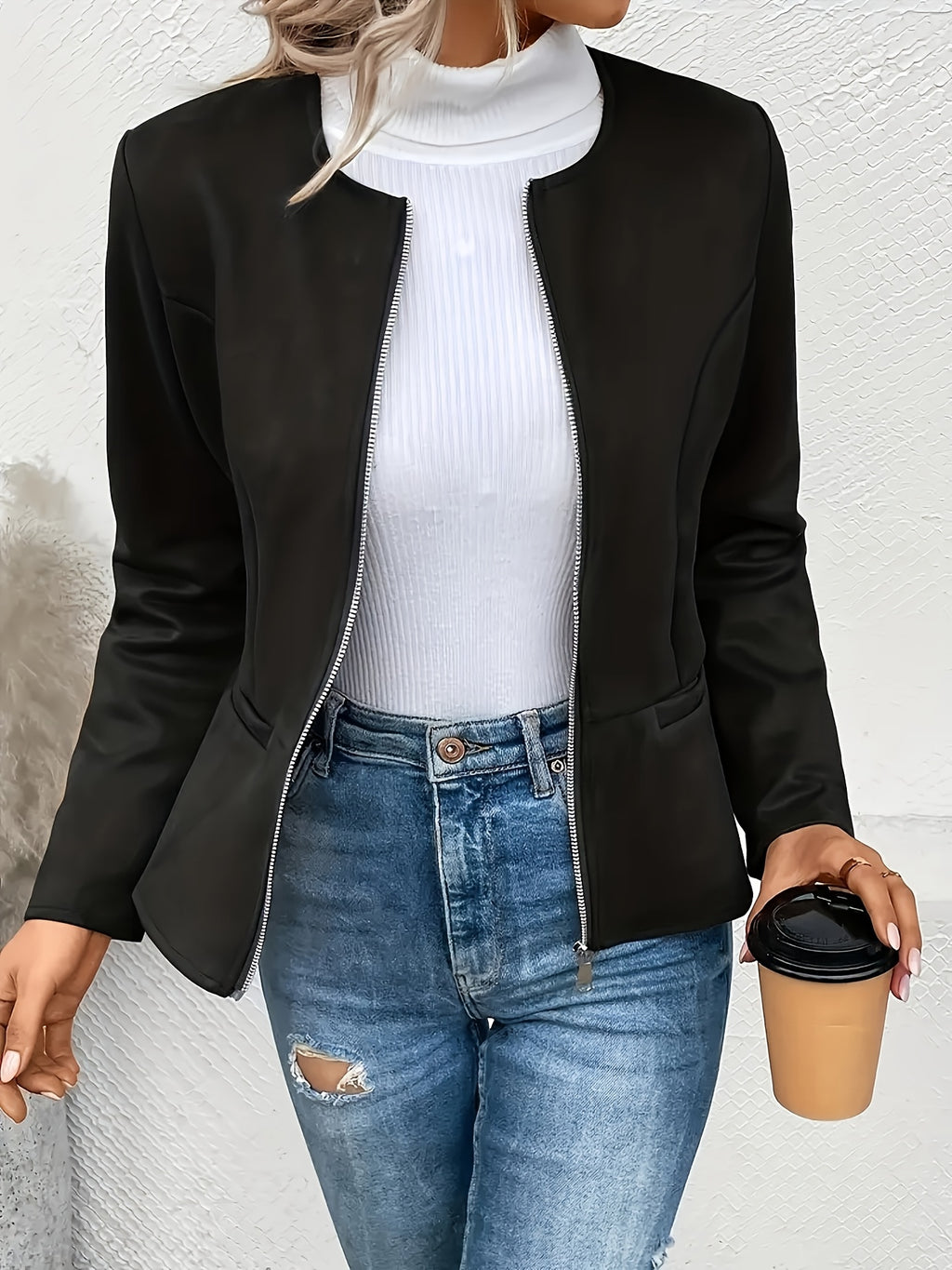 Slim Fit Zip Up Jacket for Women Round Neck Long Sleeve Casual Coat Solid Color All Season Versatile