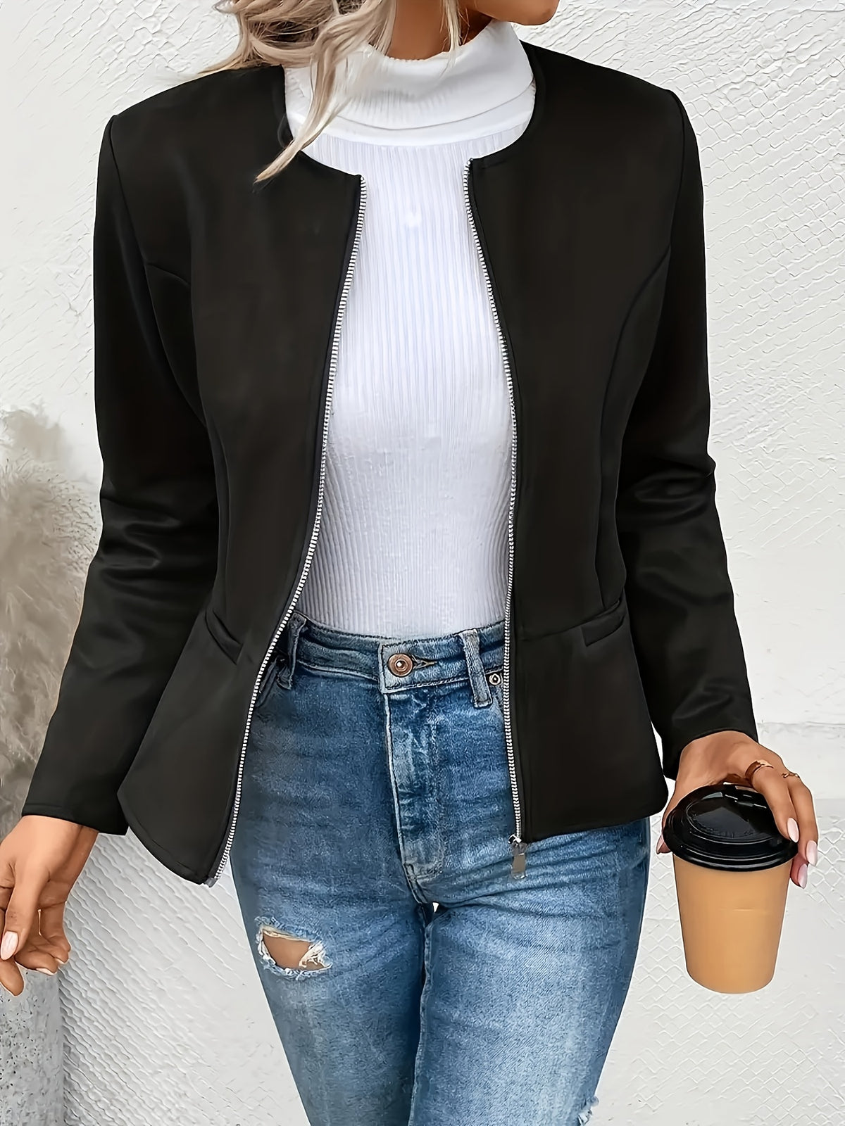 Slim Fit Zip Up Jacket for Women Round Neck Long Sleeve Casual Coat Solid Color All Season Versatile