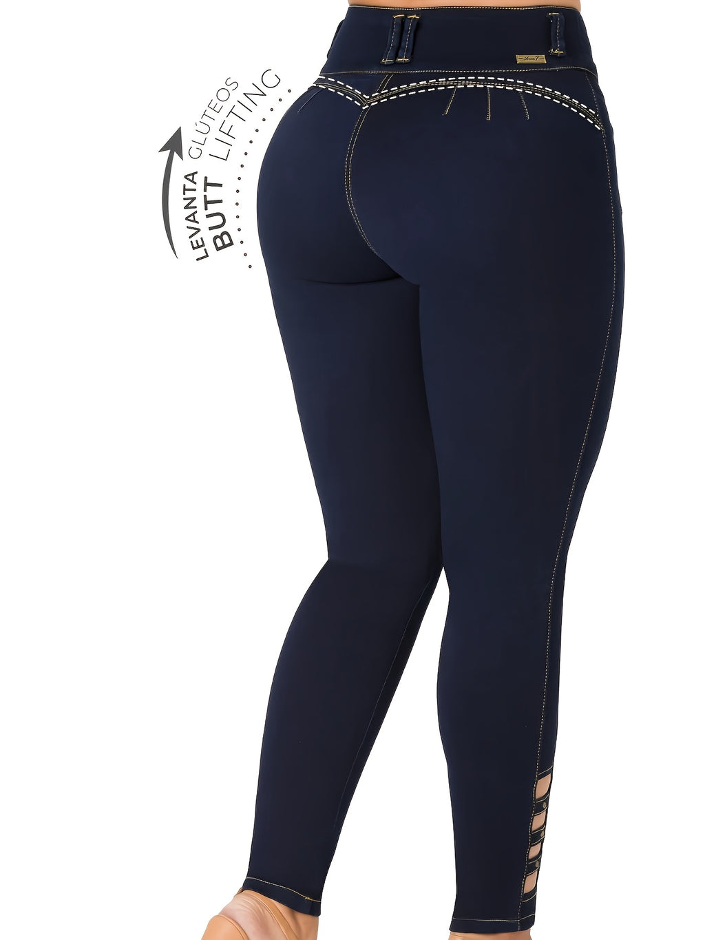 Women's Dark Blue High Waist Stretch Slim Fit Cropped Jeans Bead Embellished Front Button Butt Lifting Casual Ankle Denim