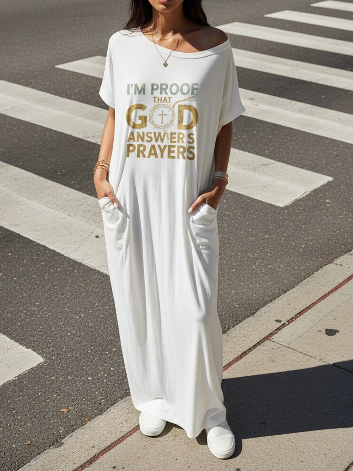 Graphic Print Maxi Dress Women "I'm Proof That God Answers Prayers" Crew Neck Short Sleeve Loose Dress with Pocket | Spring Summer