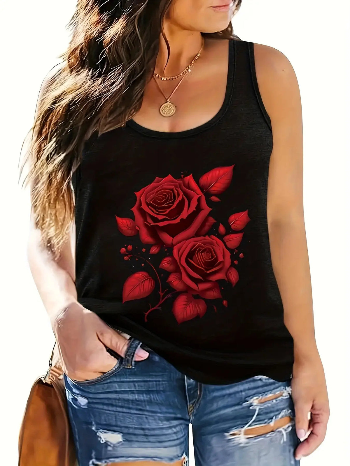 Off-Shoulder Rose Print Tank Top for Women Vacation Casual Sleeveless Shirt Red Floral Elastane Blend Spring Summer Machine Washable Beach Top