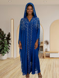 Rhinestone Batwing Sleeve Shawl Tunic Women Plus Size Semi-Sheer Mesh Blouse Beaded Slit Hem Middle Eastern Style Wedding Party Top