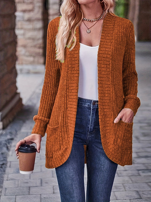 Cardigan Collar Loose Blouse Women Knit Pocket Long Sleeve Solid Color Casual Elegant Top 10 Colors Stretch Everyday Wear S-XXL