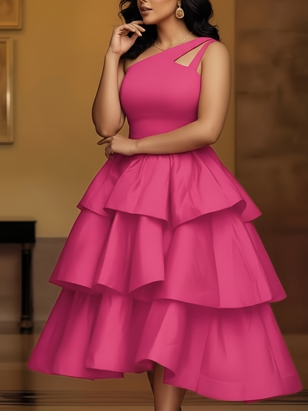 Orange One-Shoulder Cutout Tiered Midi Dress for Women – Eye-Catching Party Gown for Birthday Dinners, Gatherings & Summer Events