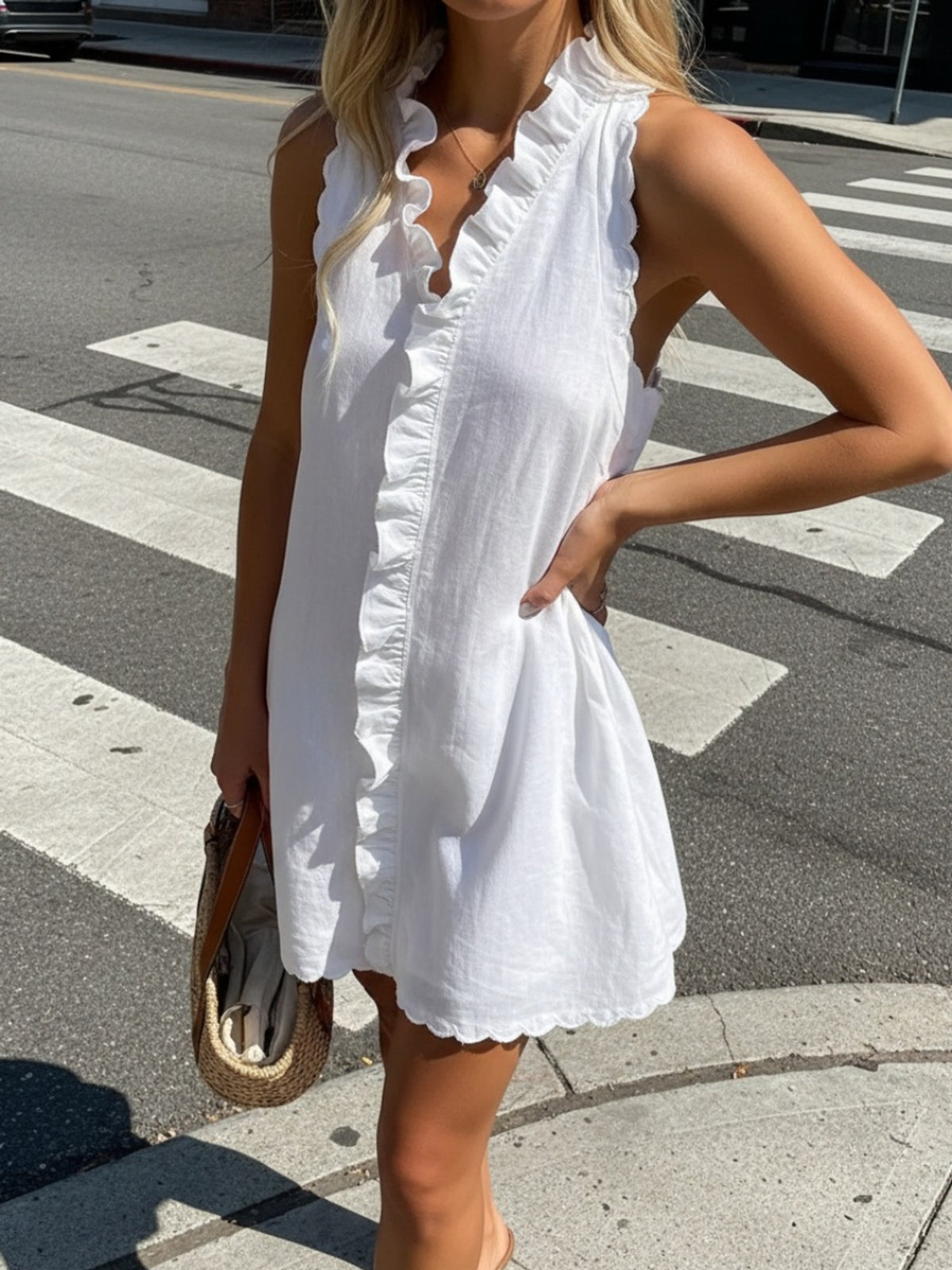 Ruffle Trim V-Neck Casual Dress Women Solid Color Embroidered A-Line Lightweight Summer Beach Midi Dress XS-XL