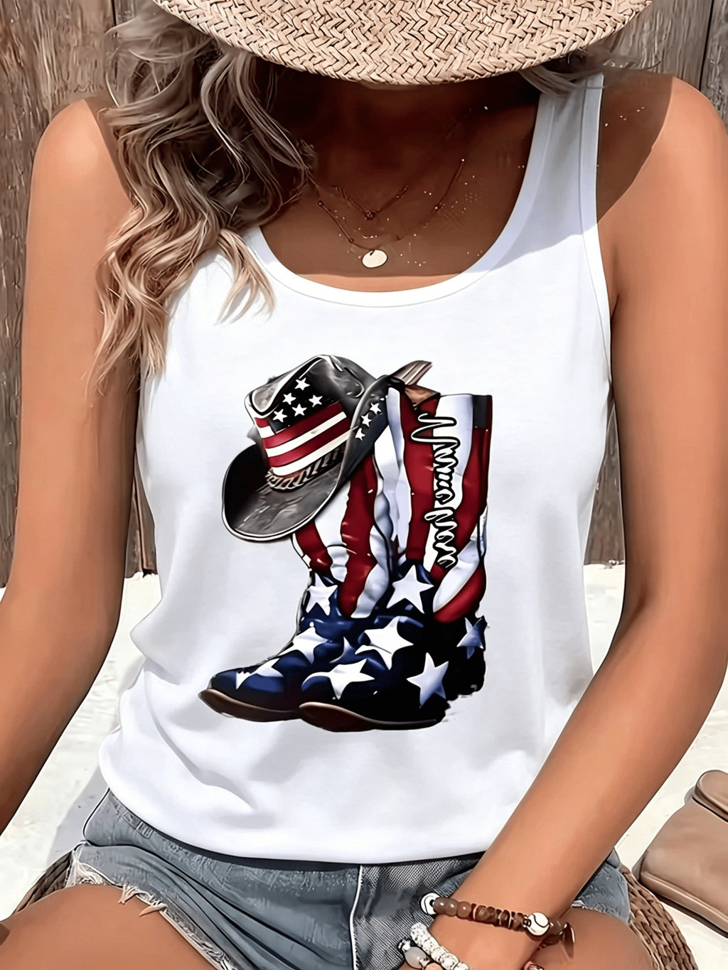American Flag Cowboy Boots Hat Print Tank Top Women 4th of July Summer Patriotic Tee
