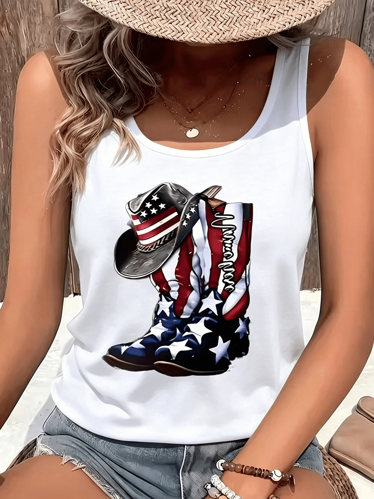 American Flag Cowboy Boots Hat Print Tank Top Women 4th of July Summer Patriotic Tee