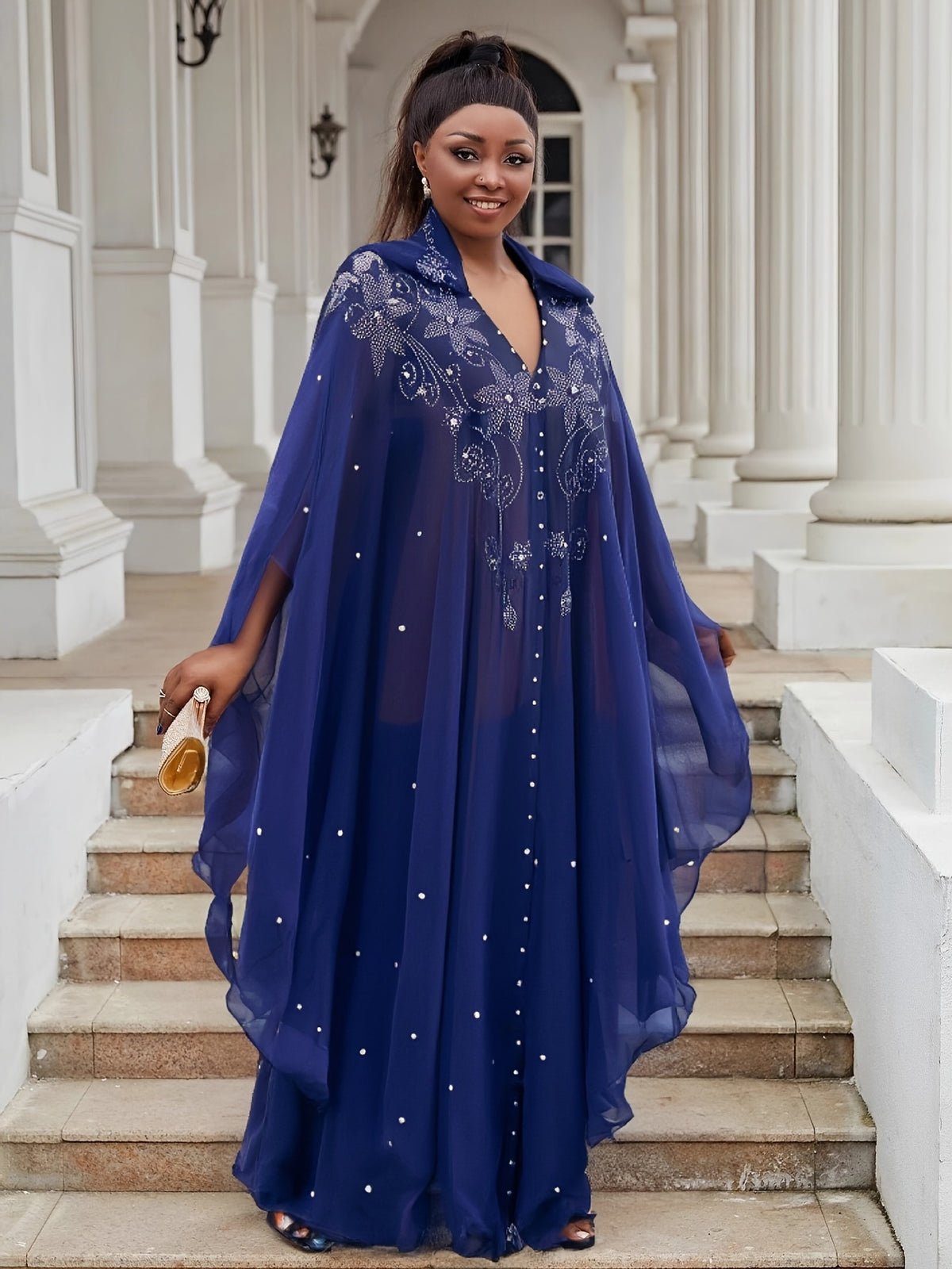 Rhinestone Cape Abaya Dress Women Batwing Trumpet Sleeves Long Cape Semi-Sheer Pearl Crystal Split Hem Formal Wedding