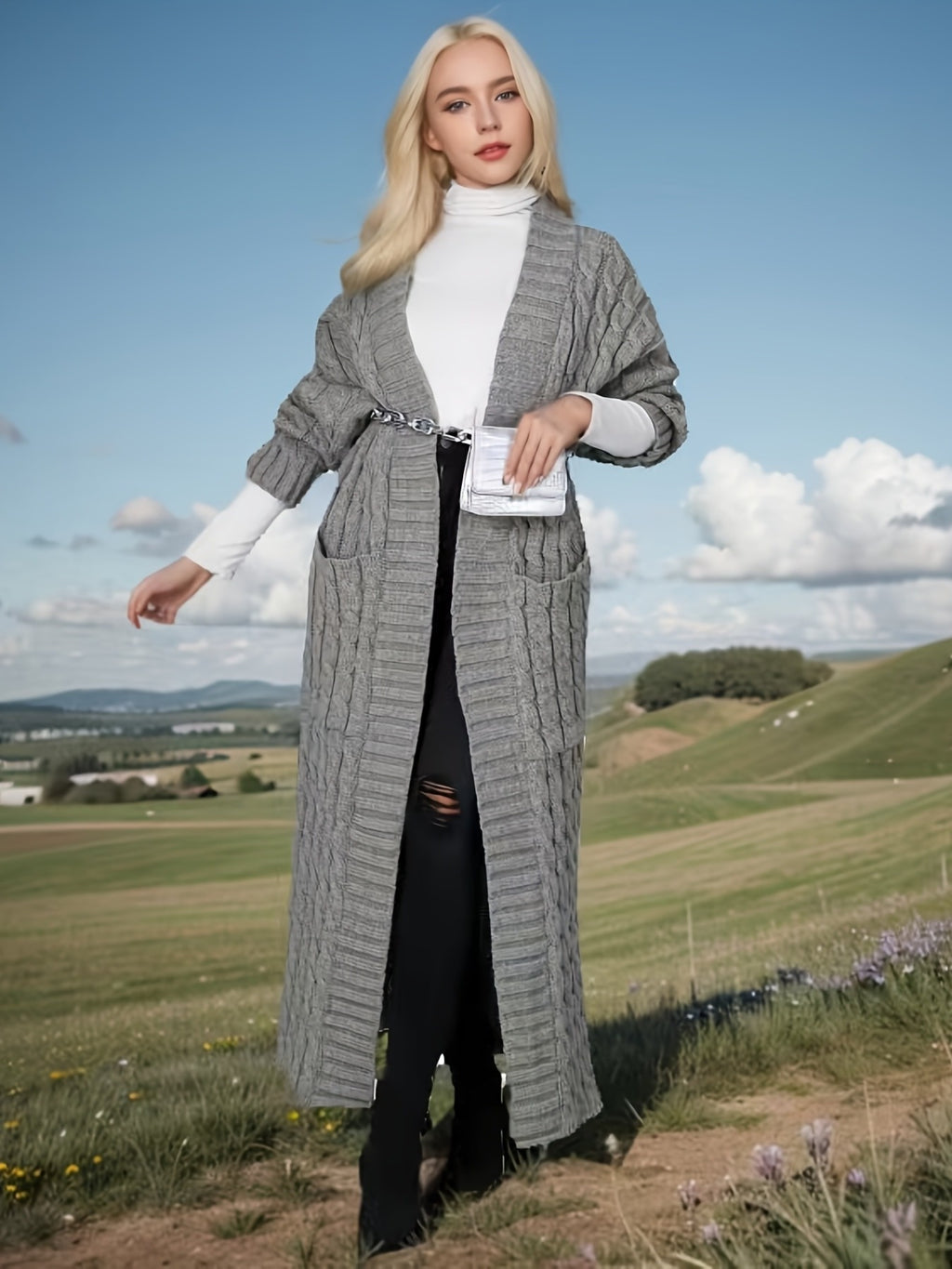 Longline Cardigan Women Oversized Drop Shoulder Open Front Knit Coat | Solid Color Textured Baggy Sweater with Pockets for Fall Winter Daily Wear