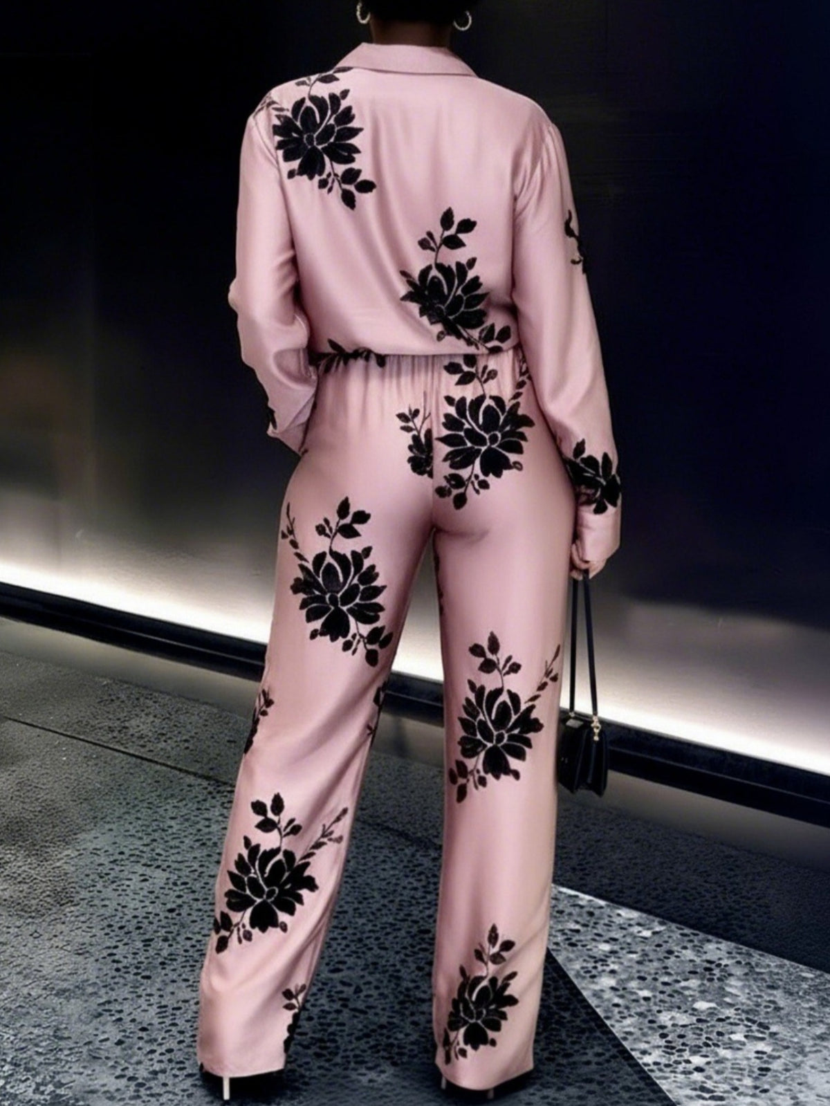 Women's 2 Piece Set Printed Long Sleeve Top & Wide Leg Pants Retro Socialite Style Evening Party Casual Matching Outfit