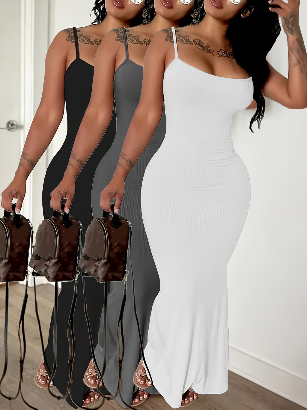 Ribbed Sleeveless Maxi Dress Women 3-Pack Slim Fit Thin Strap Casual Dress with Pockets Black Grey White All Season