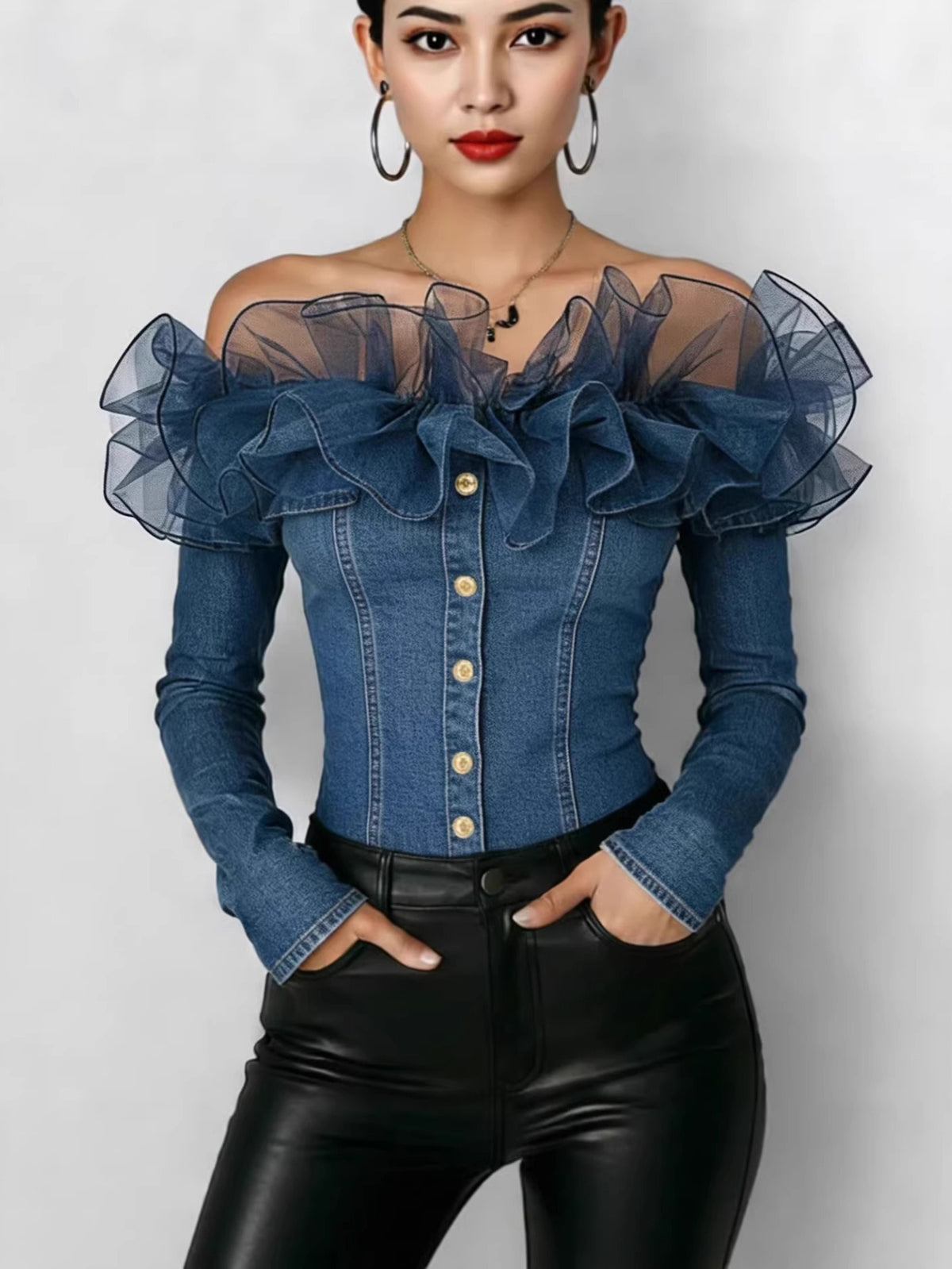 Off Shoulder Denim Top Women Navy Blue Ruffle Long Sleeve Button Closure S-XXL