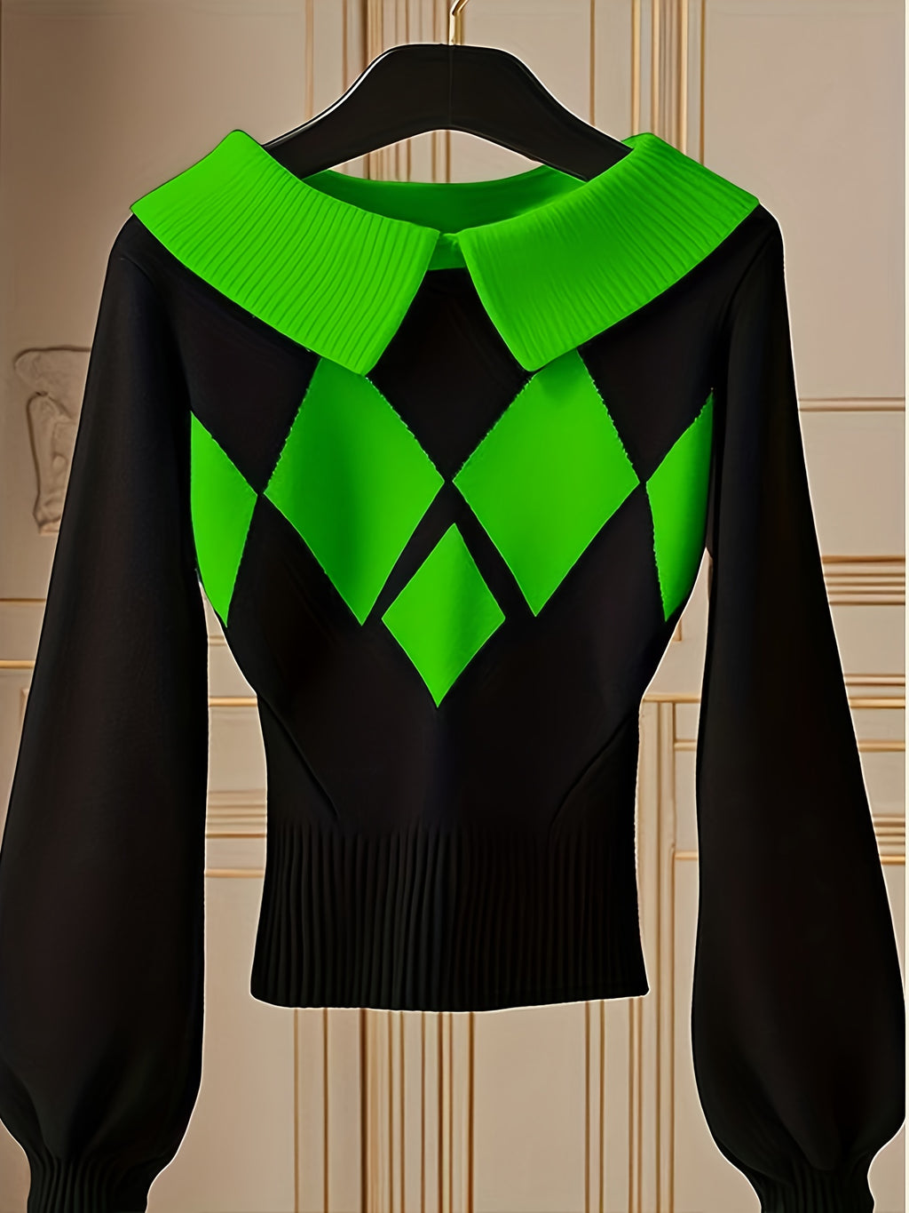 Diamond Plaid Lapel Knit Sweater Women Black White Color Block Long Sleeve Pullover Elegant Office Casual Fall Winter S-XXL