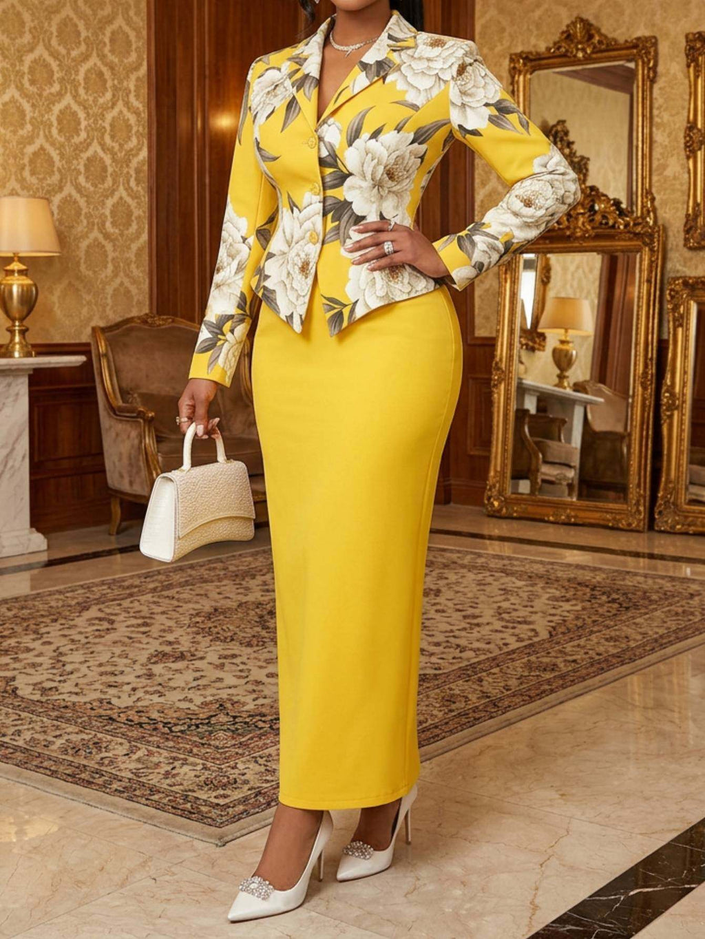 Peony Print Blazer and Pencil Maxi Skirt 2pcs Set Women Retro Fuchsia Party Dinner Matching Outfit S-XXL