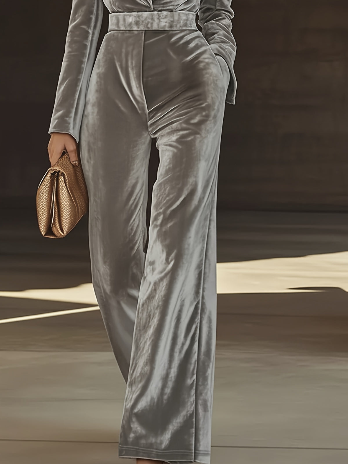 Velvet Wide Leg Jumpsuit Women Suit Collar Belt Khaki Elegant One Piece Outfit Daily Wear Party Holiday Fashion