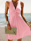 Solid Color V-Neck Knot Tank Dress Women Sleeveless A-Line Knee Length Knit Casual Summer Dress 12 Colors S-XXL