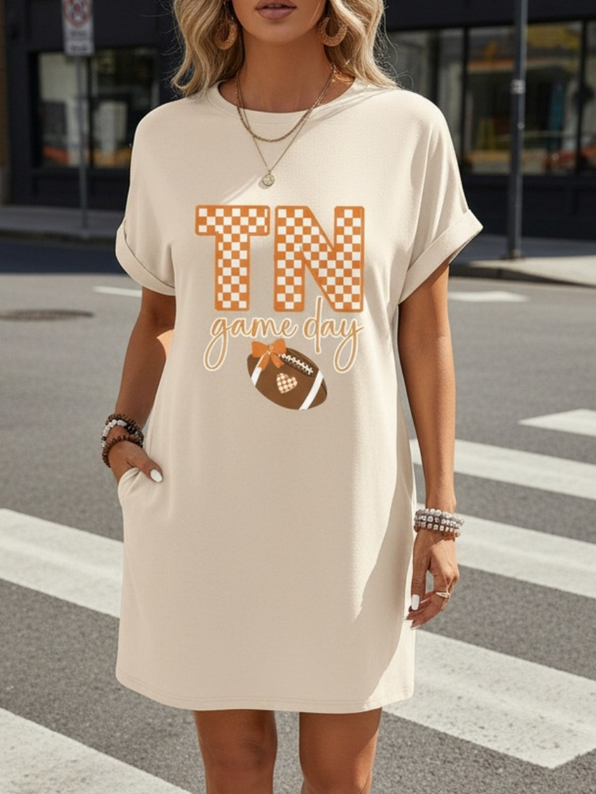 Tennessee Football Graphic T-Shirt Dress for Women | Checkered Print Short Sleeve Casual Dress | Loose Fit Knee-Length Game Day Dress | Sporty Breathable Spring Summer Dress Women