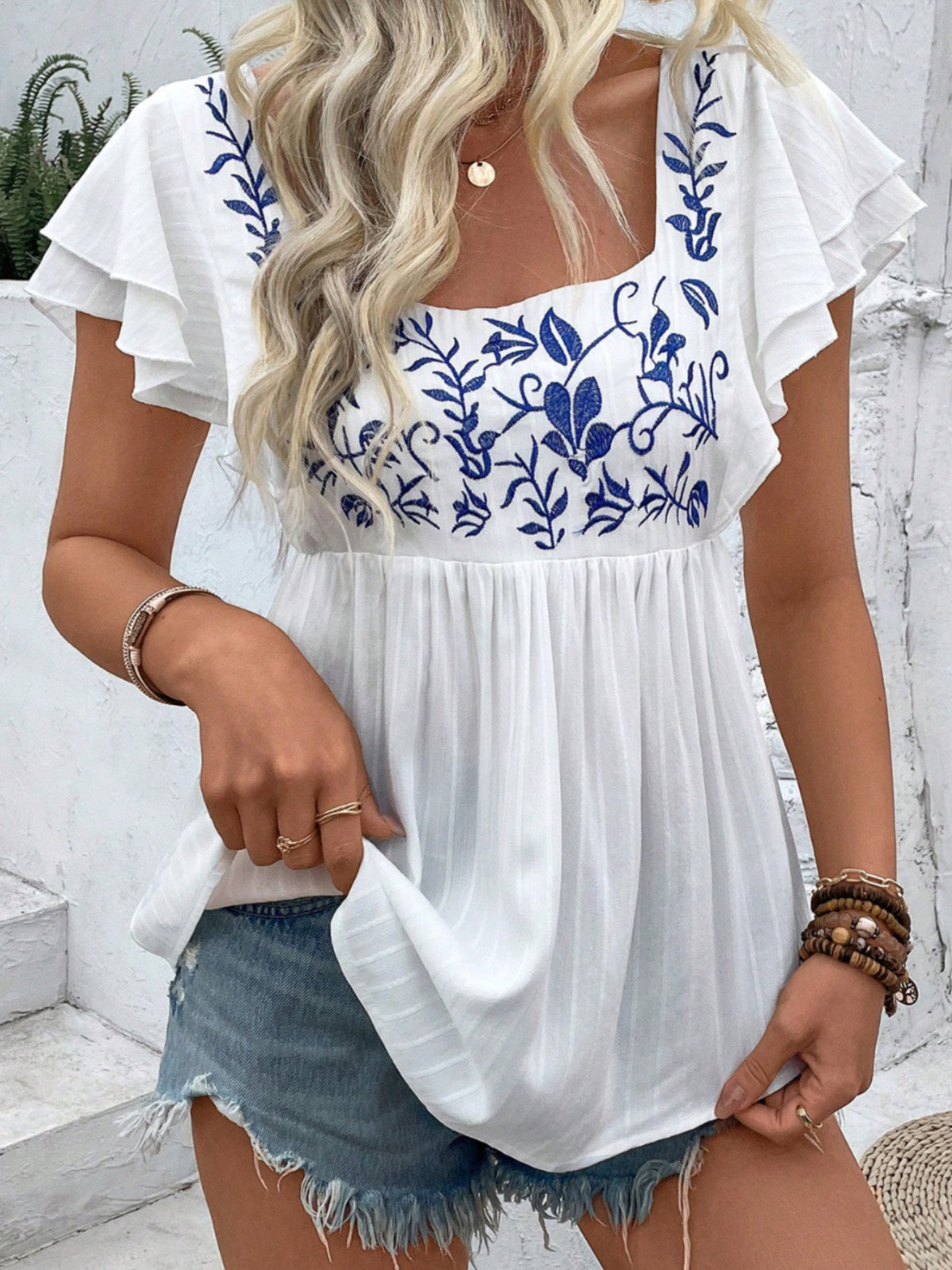 Embroidered Blouse Women Square Neck Lace Short Sleeve Ruffle Boho Floral Babydoll Loose Fit Casual Elegant Top S M L XL XXL