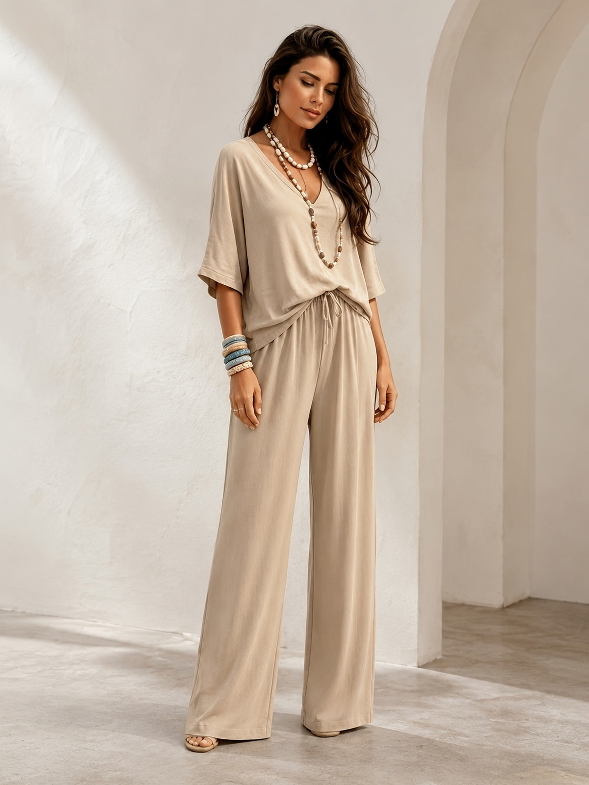 Women's 2-Piece Pants Set Double V-Neck Batwing Sleeve Top & High Waist Wide-Leg Pants Bohemian Vacation