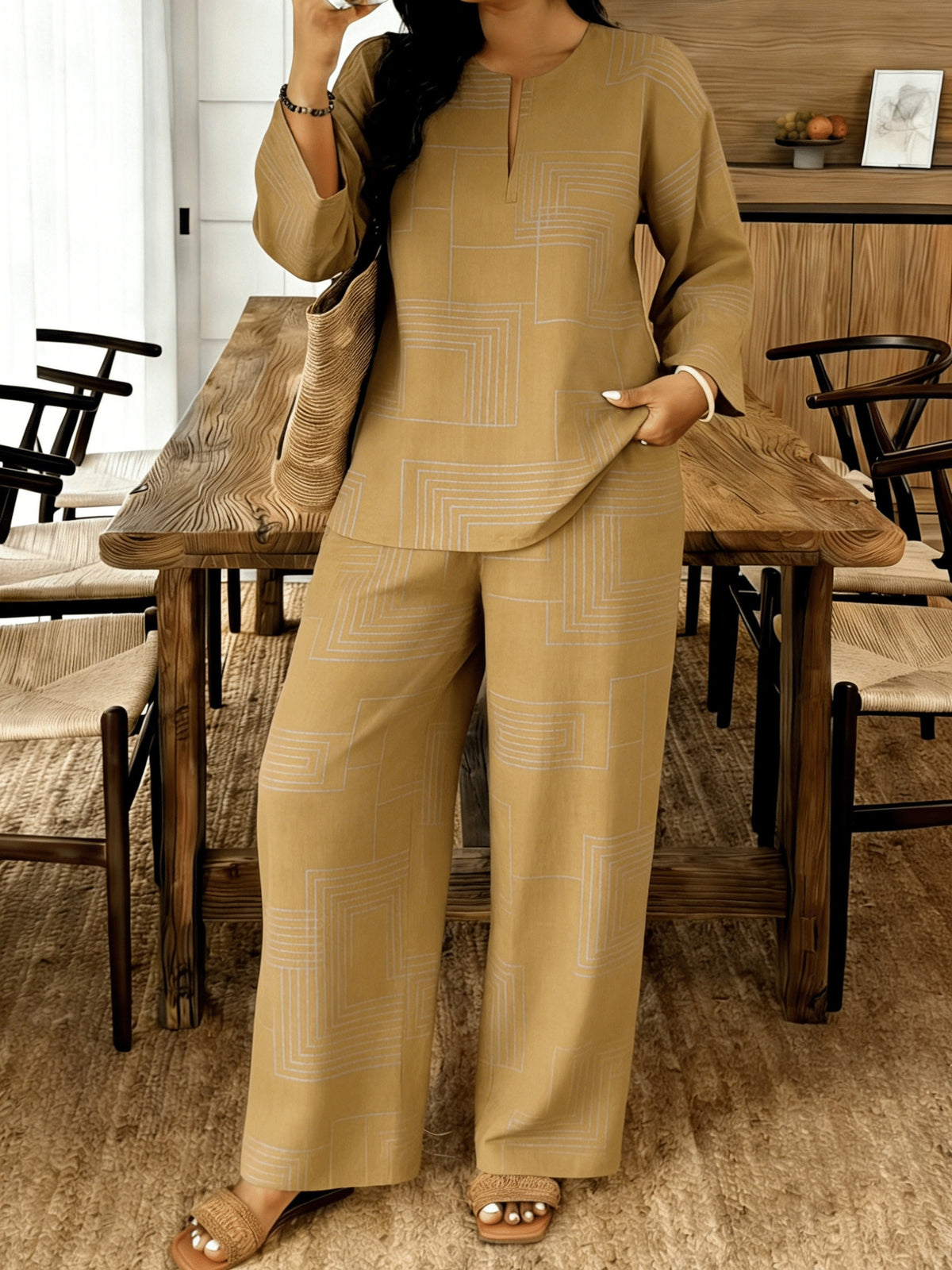 Women's 2-Piece Casual Suit Set V-Neck Loose Fit Top & Casual Pants Daily Wear Matching Outfit