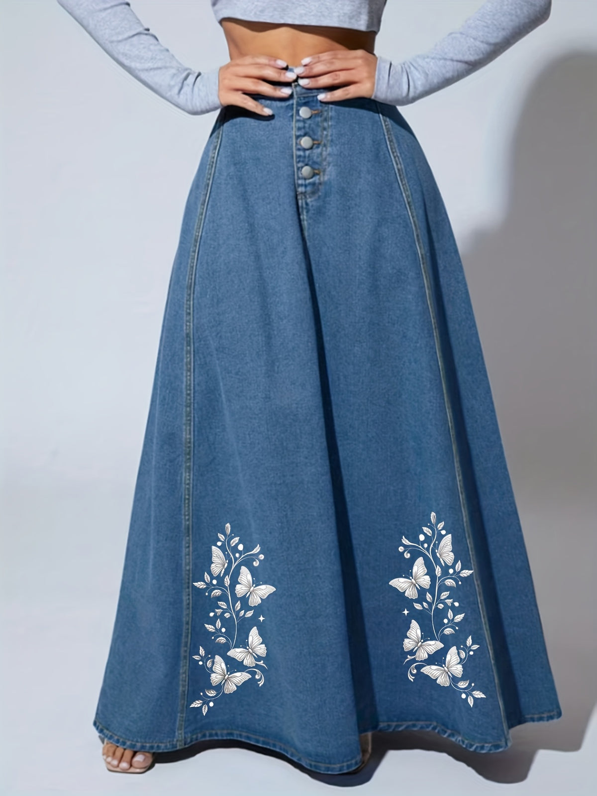 Floral Embroidered Denim Maxi Skirt Women Button Closure Long Jean Skirt Casual Formal All Season Solid Color High Quality 2025