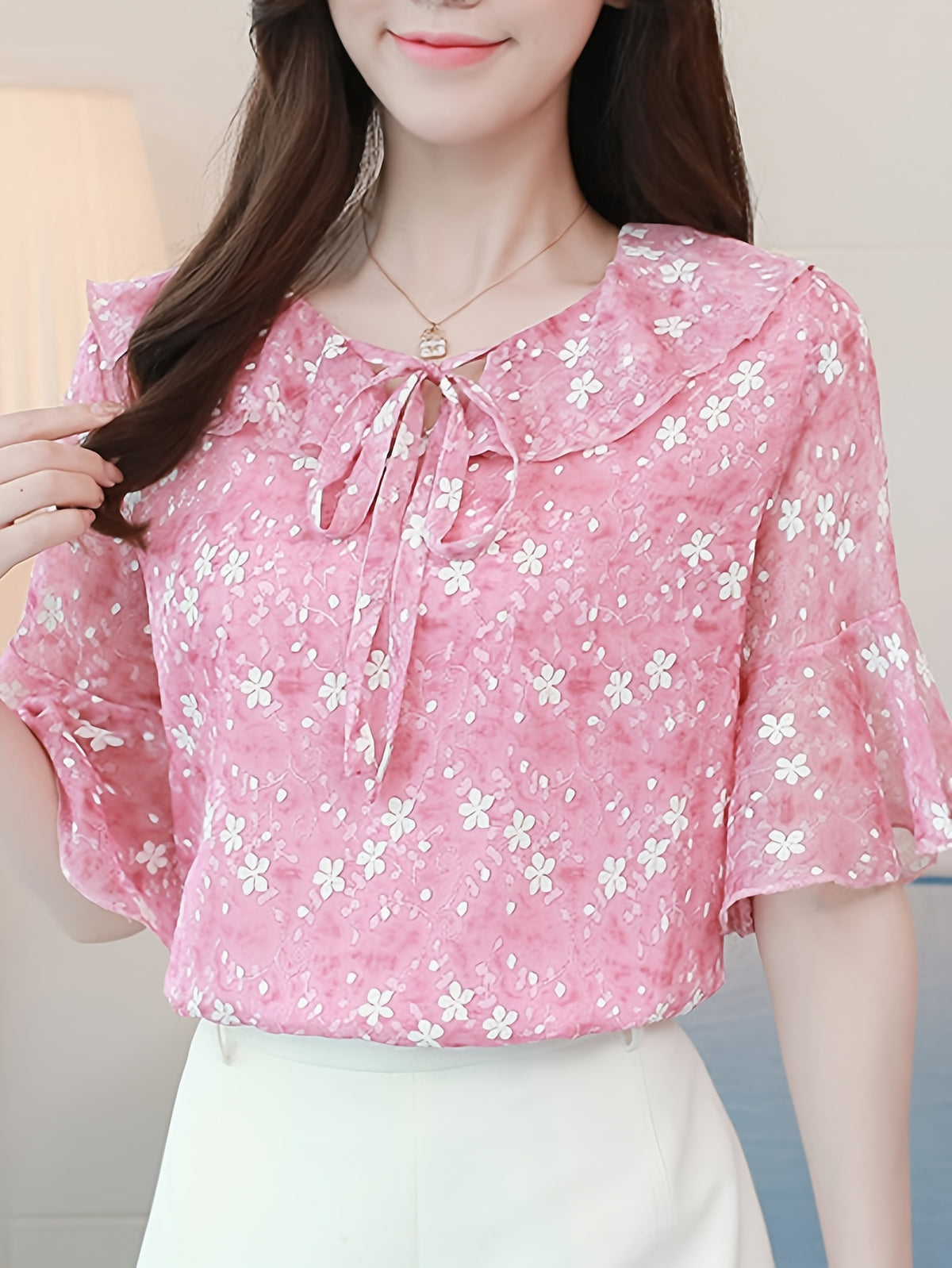 Floral Bell Sleeve Chiffon Blouse for Women | Ruffled Round Neck Lightweight Top | Pink Floral Print Elegant Shirt | Casual Formal All-Season Women's Blouse