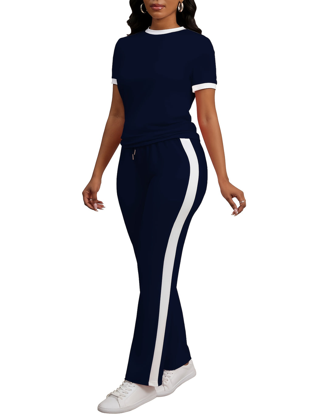 Women Colorblock 2 Piece Tracksuit Set Short Sleeve Crew Neck Top Striped Sweatpants Casual Lounge Jogger Matching Outfit for Workout Everyday Wear