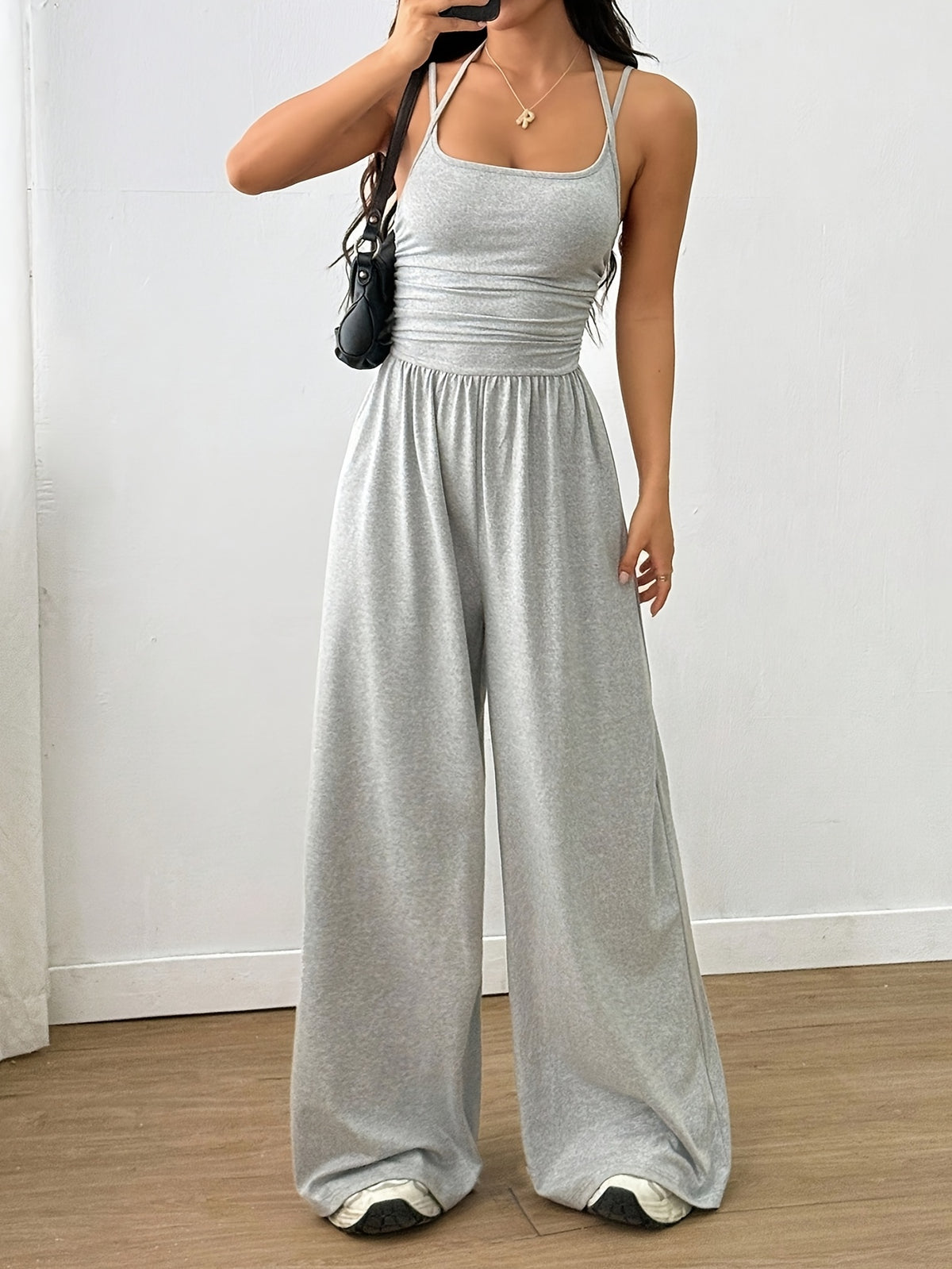 Pleated Loose Fit Jumpsuit Women Casual Wide Leg One Piece Outfit Spring Summer Light Grey Navy S-XL