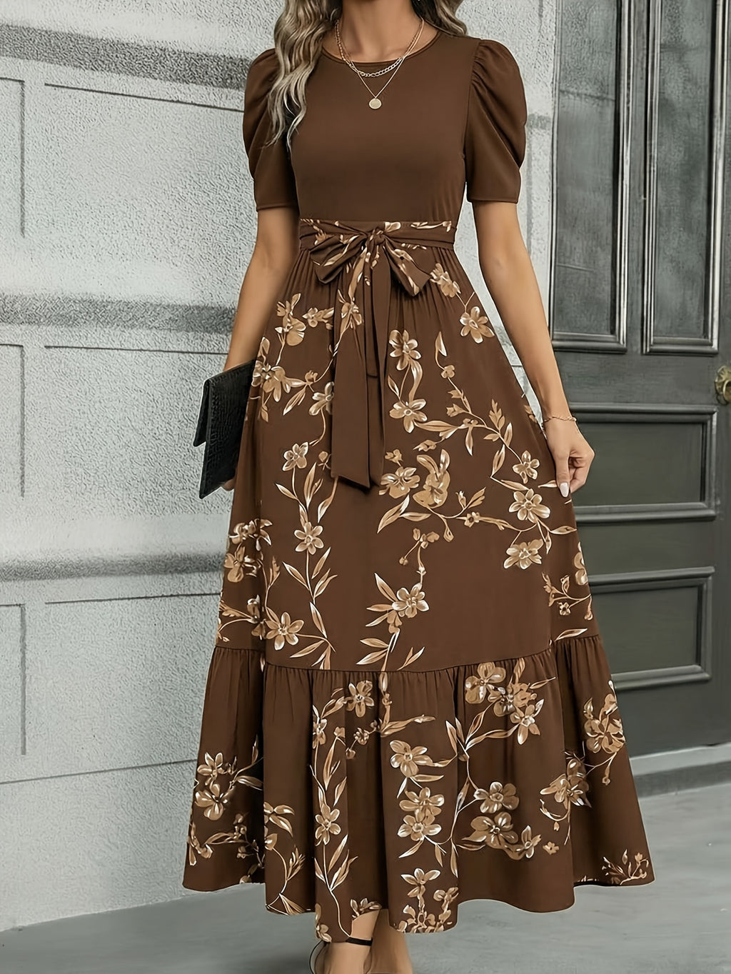 Floral Cinched Waist Long Maxi Dress Women Crew Neck Fitted Elegant Casual Dress for Business Afternoon Tea S-XXL