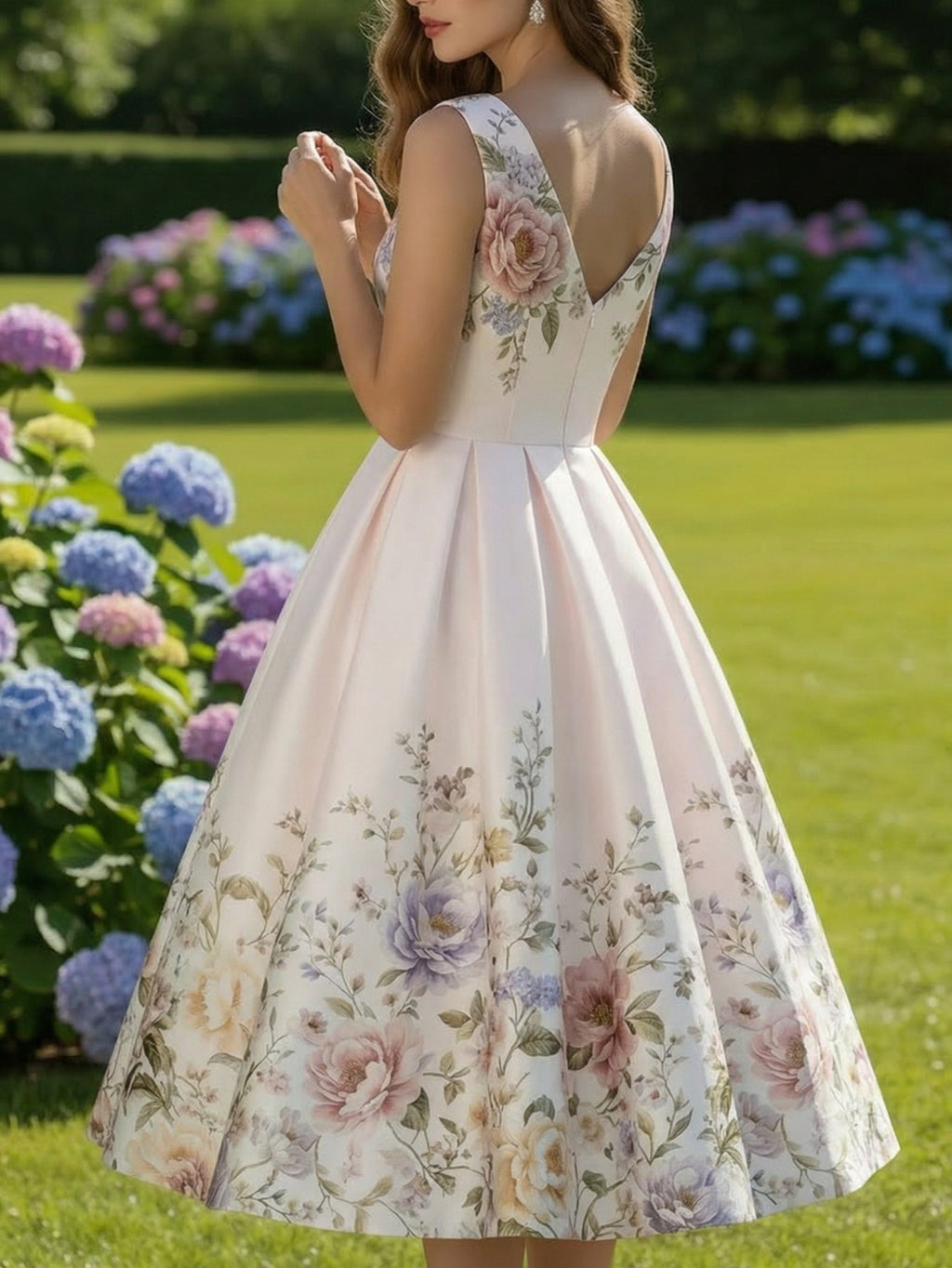 Printed Sleeveless V-Neck Dress Women Waist-Cinching Flared Skirt Elegant Spring Summer Casual Dress for Garden Party Date
