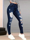 Women's High Stretch Ripped Skinny Jeans Dark Blue Slim Fit Distressed Denim Pants with Pockets Streetwear All-Season